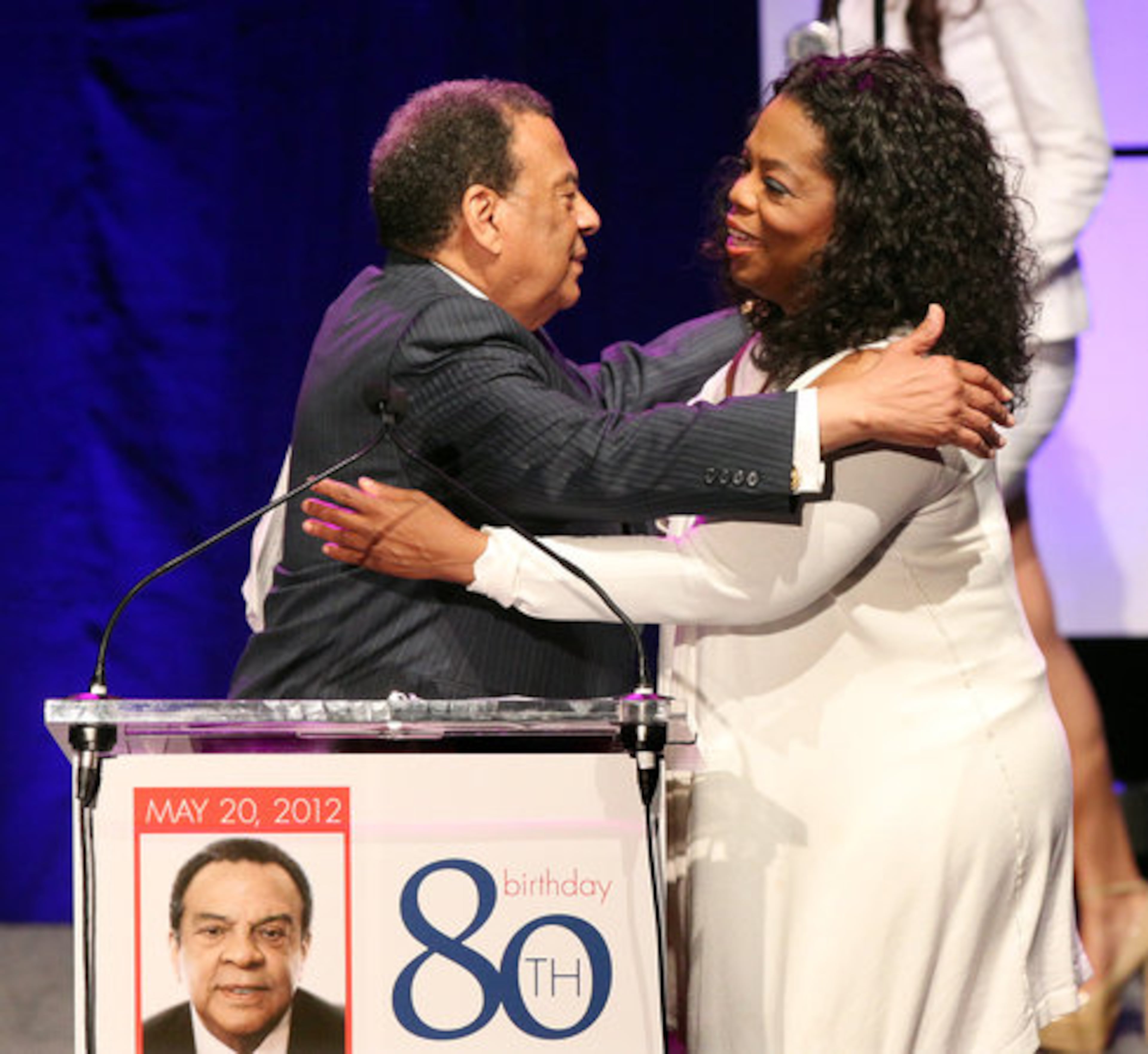 Andrew Young embraces Oprah Winfrey as he honors her during his 80th birthday cabaret at the Hyatt Regency in Atlanta on Sunday, May 20, 2012.