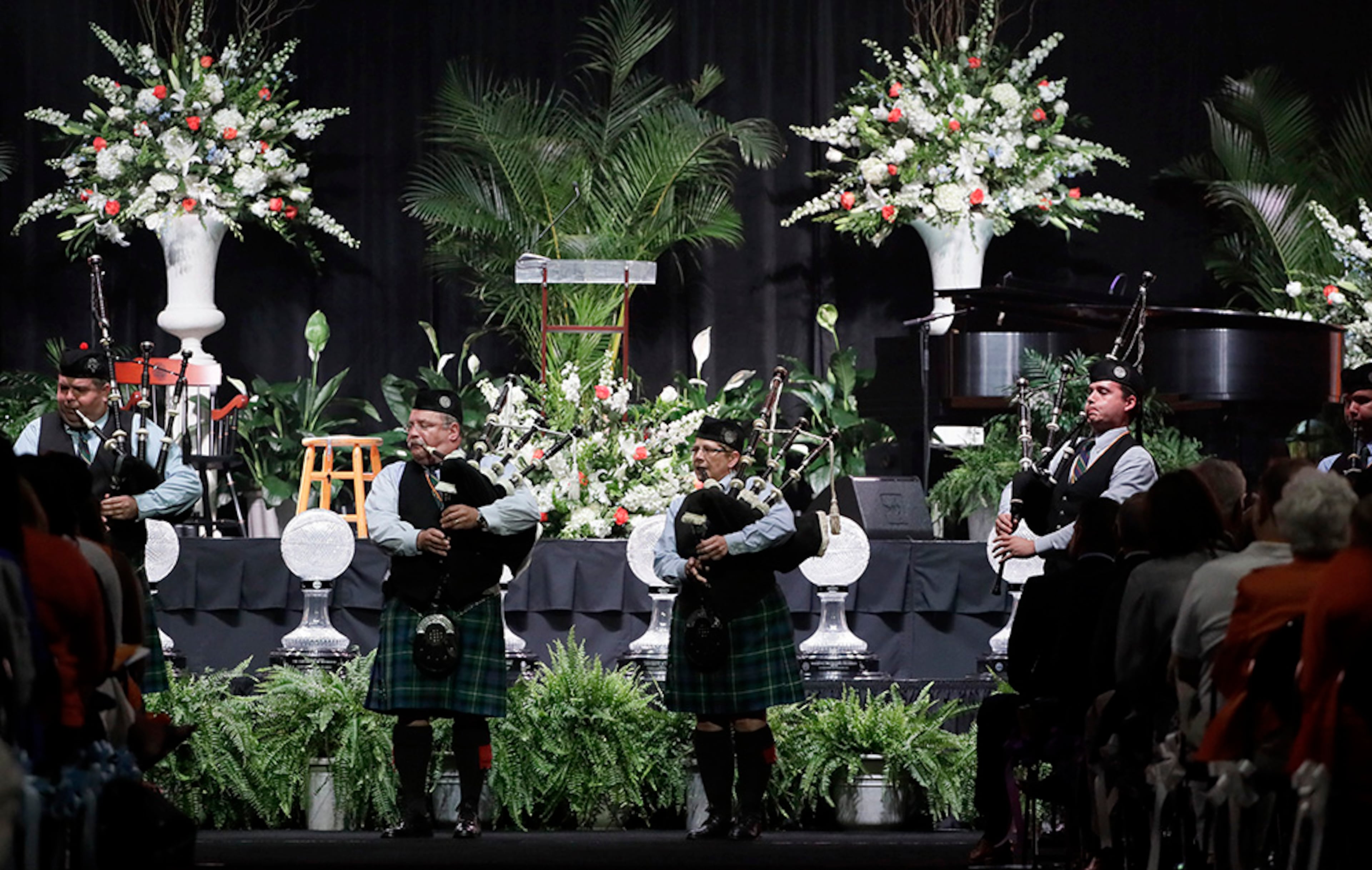 Bagpipe players perform during a ceremony to celebrate the life of former Tennessee women's basketball coach Pat Summitt Thursday, July 14, 2016, in Knoxville, Tenn. Summitt died June 28 at the age of 64.