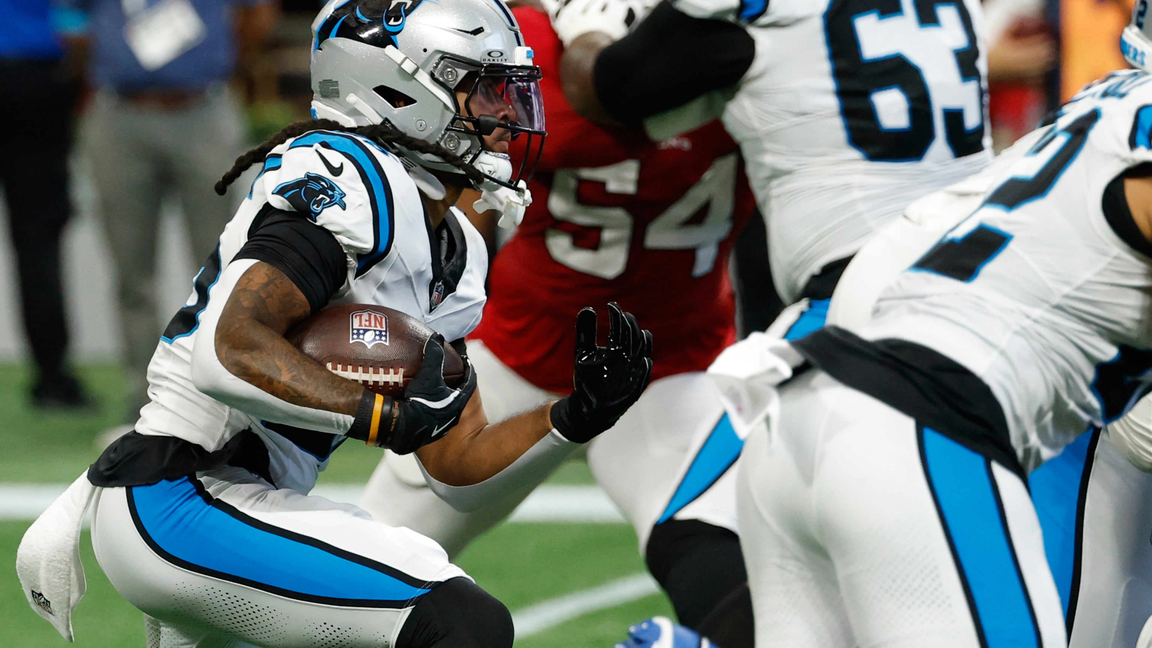 Carolina Panthers running back Jonathon Brooks (25) rushes the ball during an NFL football game against the Atlanta Falcons in Atlanta, Sunday, Sept. 20, 2026. (AP Photo/Erik S. Lesser)