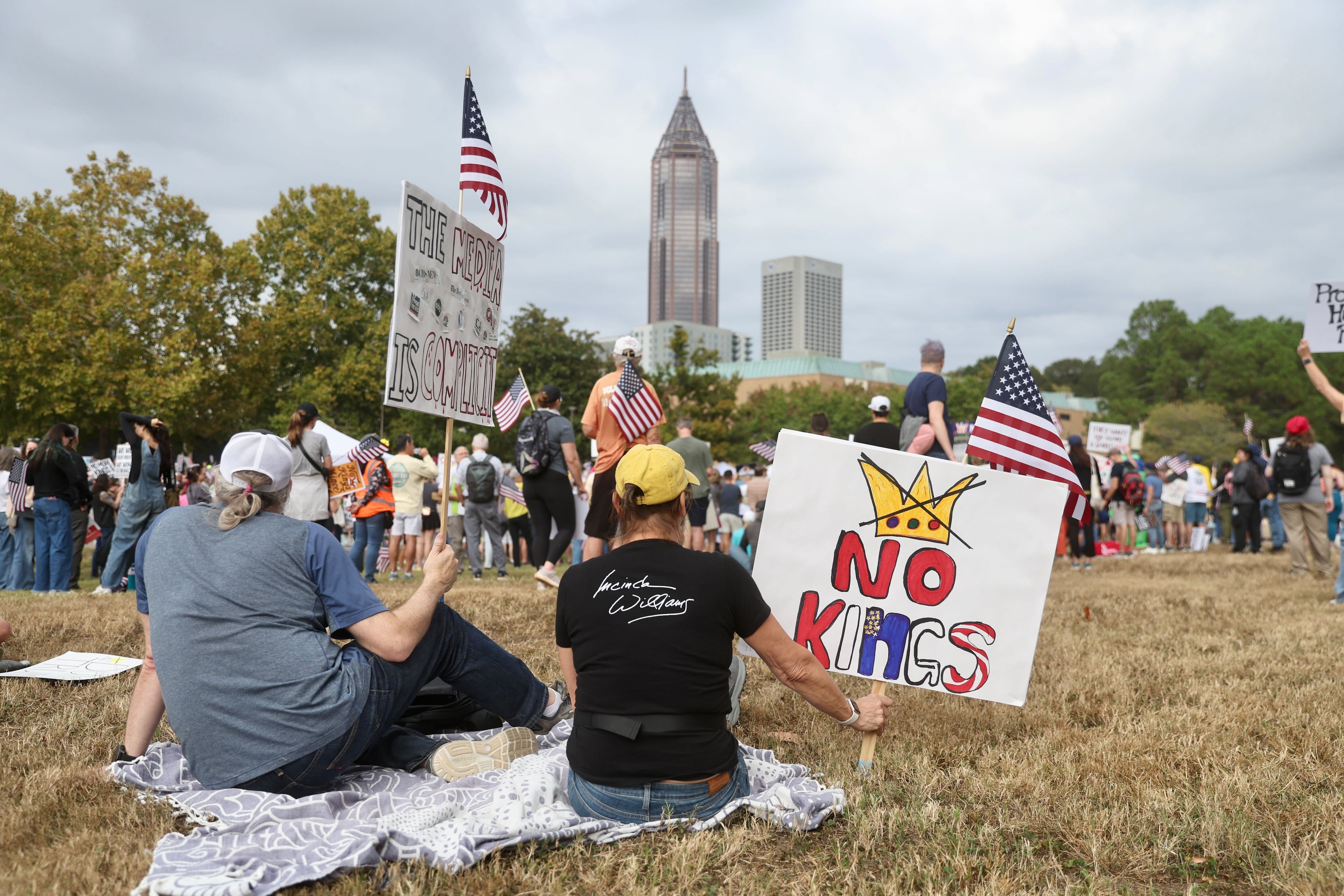 Protesters attend a "No Kings" rally at the Atlanta Civic Center on Saturday (Abbey Cutrer/AJC)