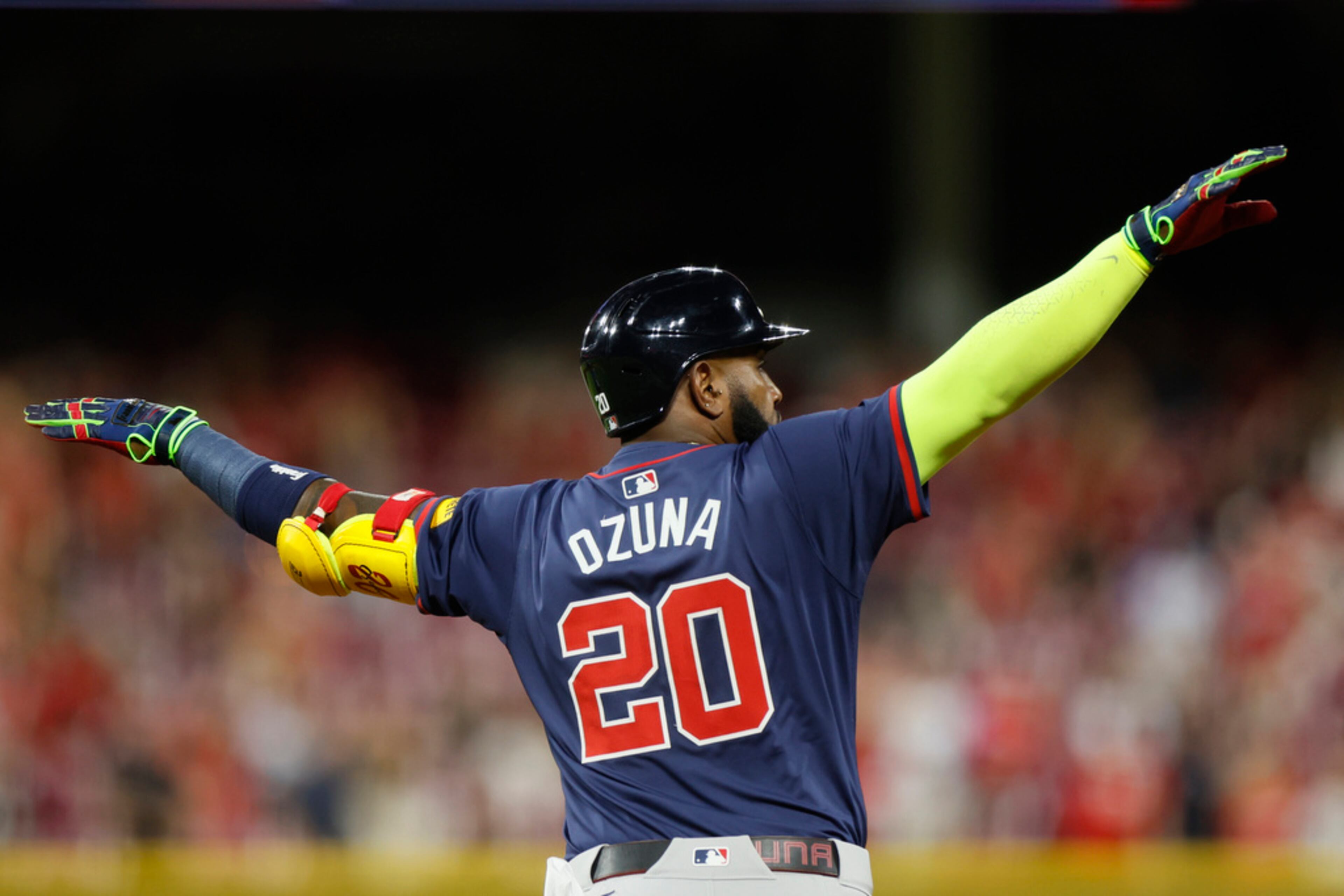 Atlanta Braves' Marcell Ozuna celebrates his home run against the Cincinnati Reds during the seventh inning of a baseball game Wednesday, Sept. 18, 2024, in Cincinnati. The Braves won 7-1. (AP Photo/Jay LaPrete)