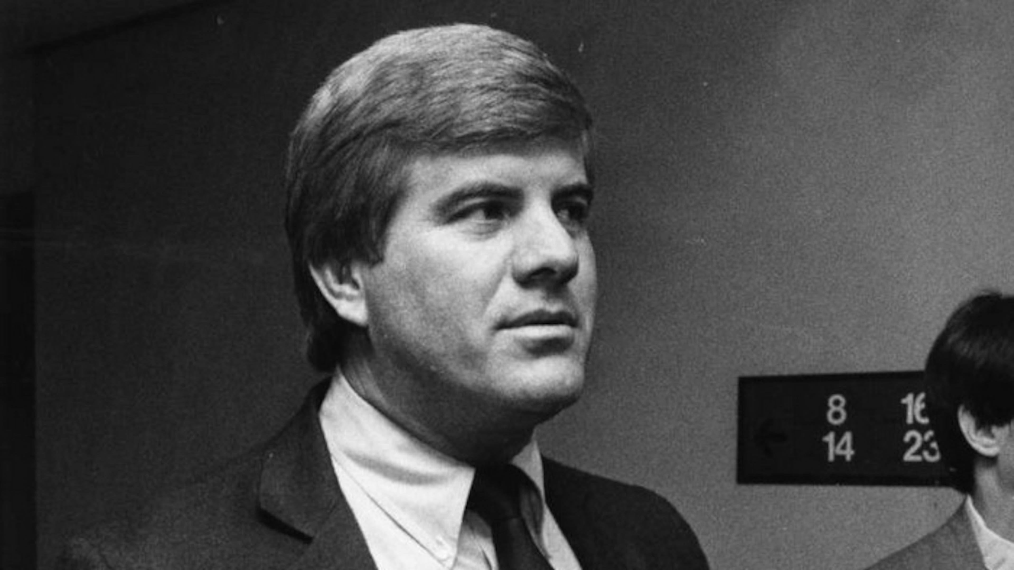Harmon Wages waiting for his lawyer to complete their interviews as they leave court on Nov 14, 1985, at the Russell Building.