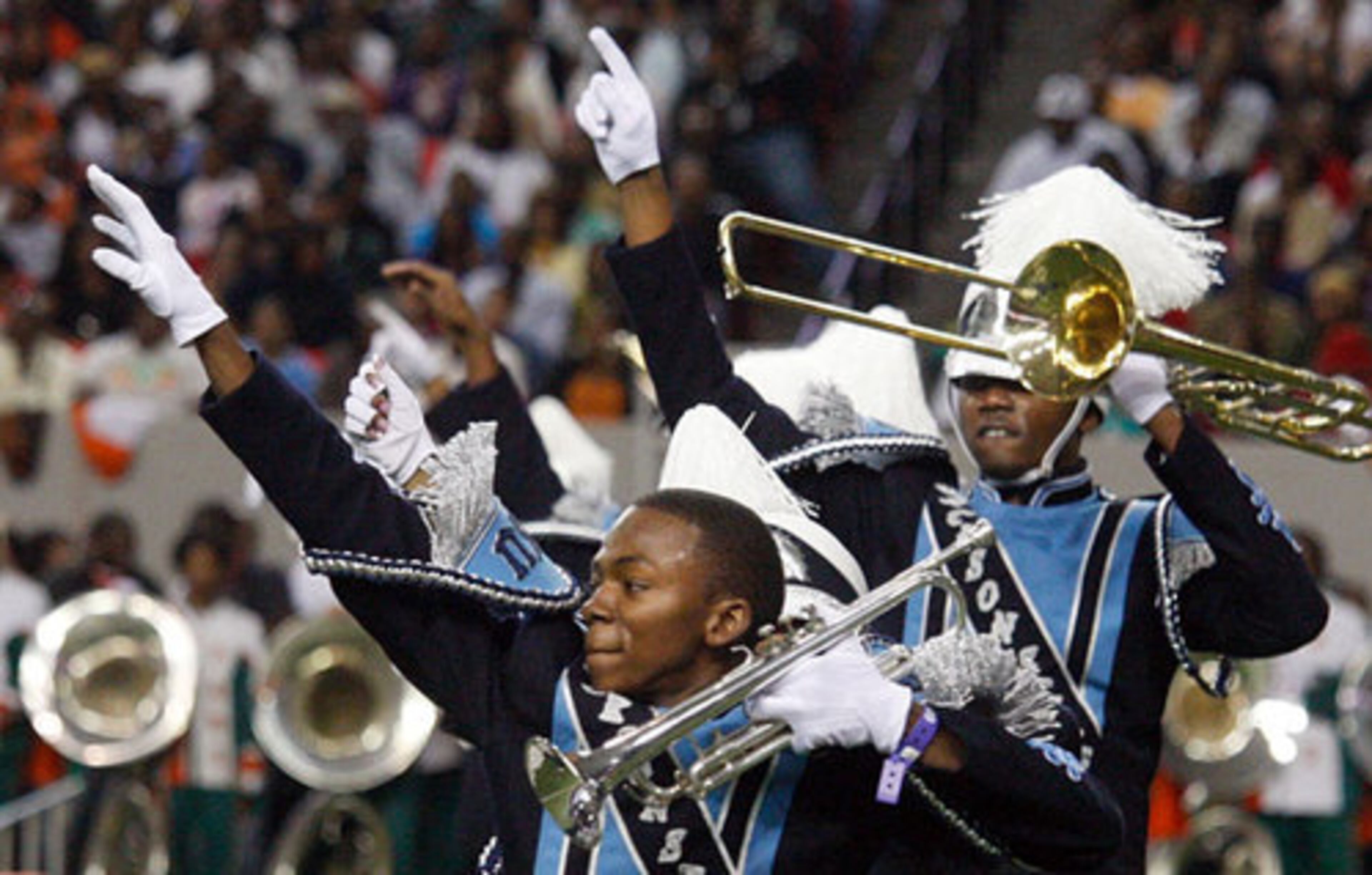 Bands chosen to participate receive funding to provide music scholarships. Here, the Jackson State University Marching Band performs.