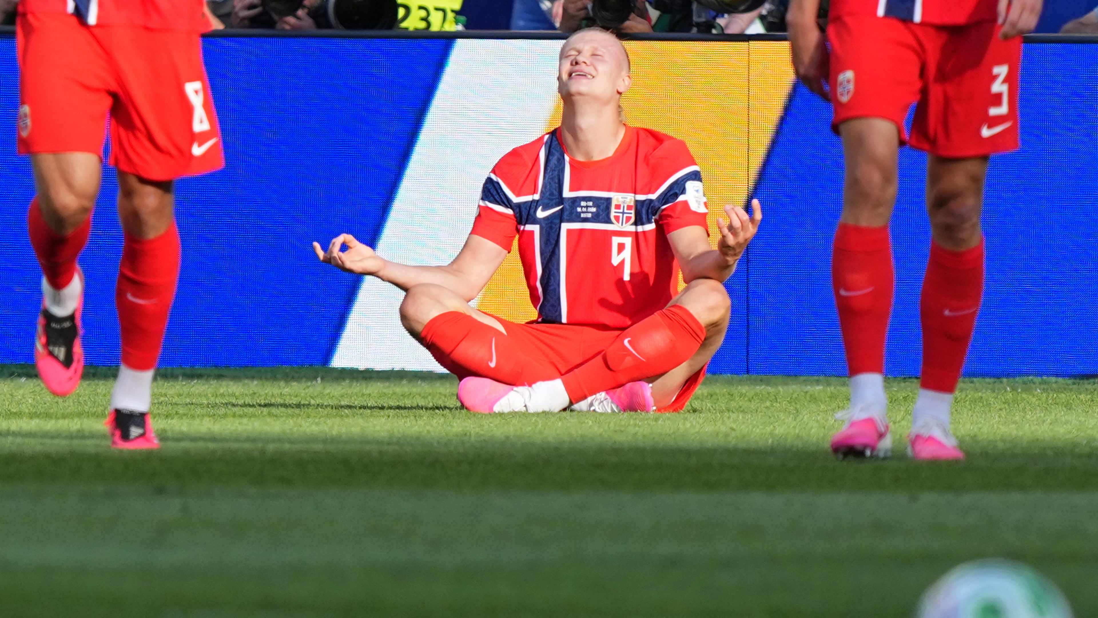 Norway's Erling Haaland celebrates scoring his side's opening goal during the World Cup Group I soccer match between Iraq and Norway in Foxborough, Mass., near Boston, Tuesday, June 16, 2026. (AP Photo/Martin Meissner)