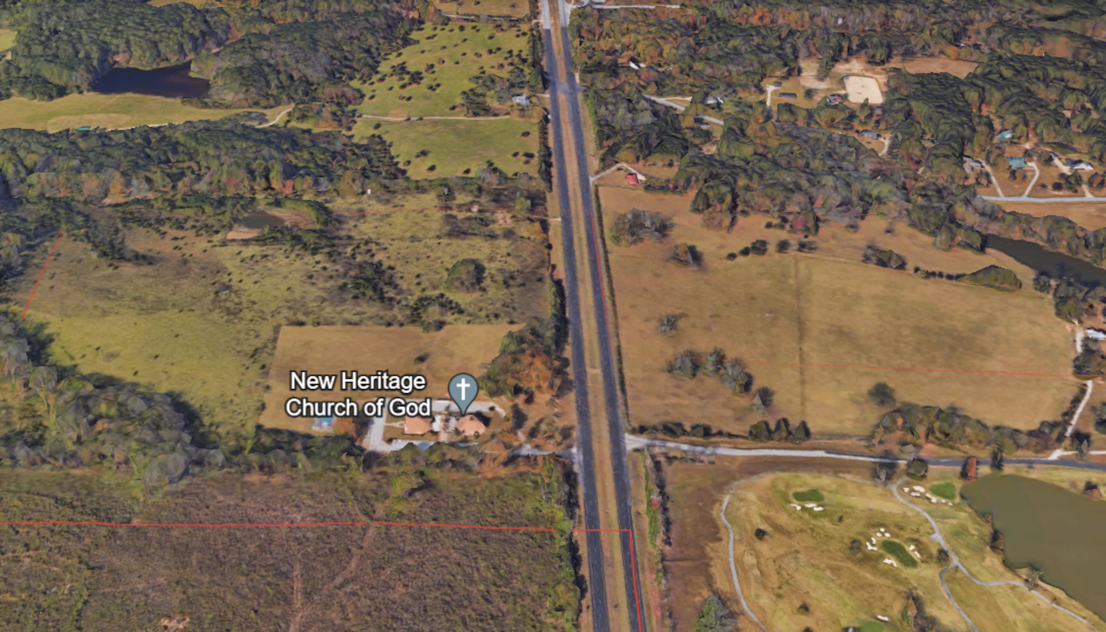 This is a Google Earth screenshot of the proposed site for 'Project Rita' just north of New Heritage Church of God. The red line is the city limits for Tyrone.