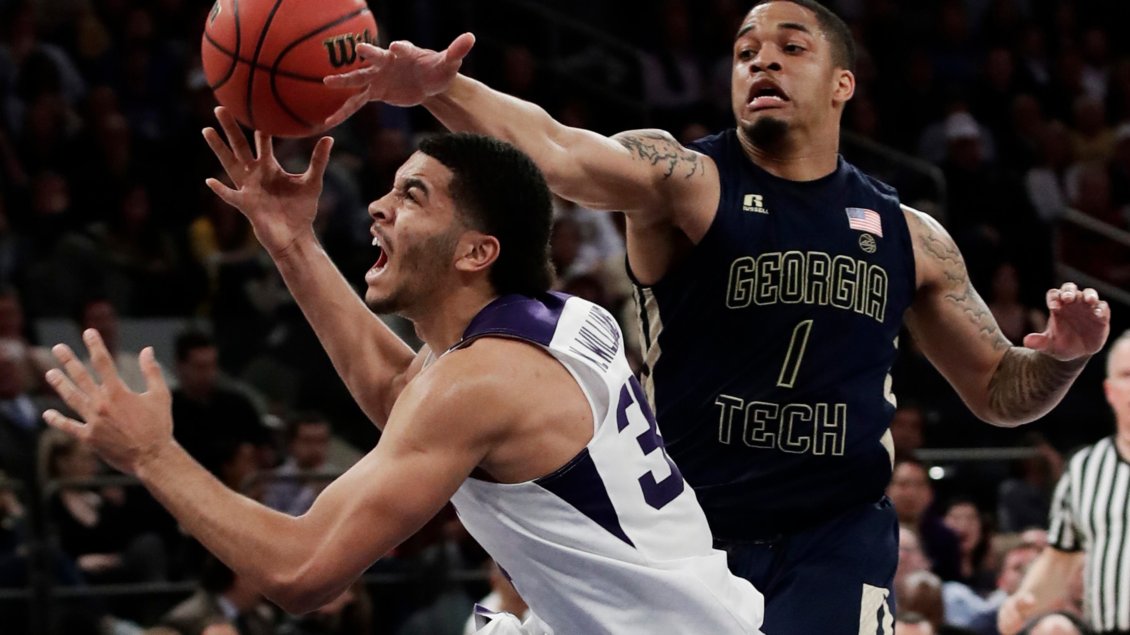 TCU’s Kenrich Williams (34) loses control of the ball as he drives to the basket past Georgia Tech’s Tadric Jackson during the NIT championship game Thursday night at Madison Square Garden in New York. (AP photo)