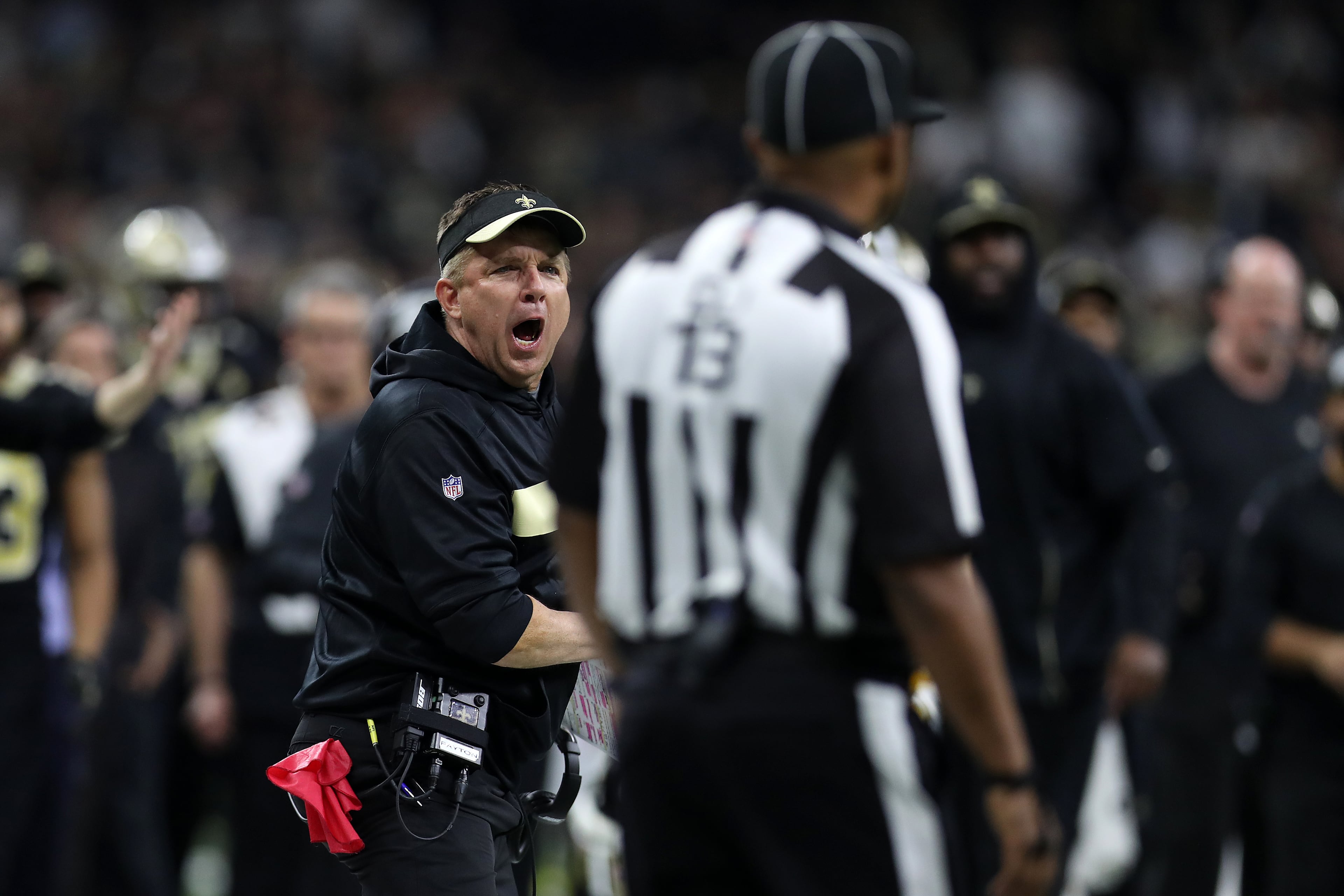 Saints coach Sean Payton reacts after the no-call during the NFC Championship Game.