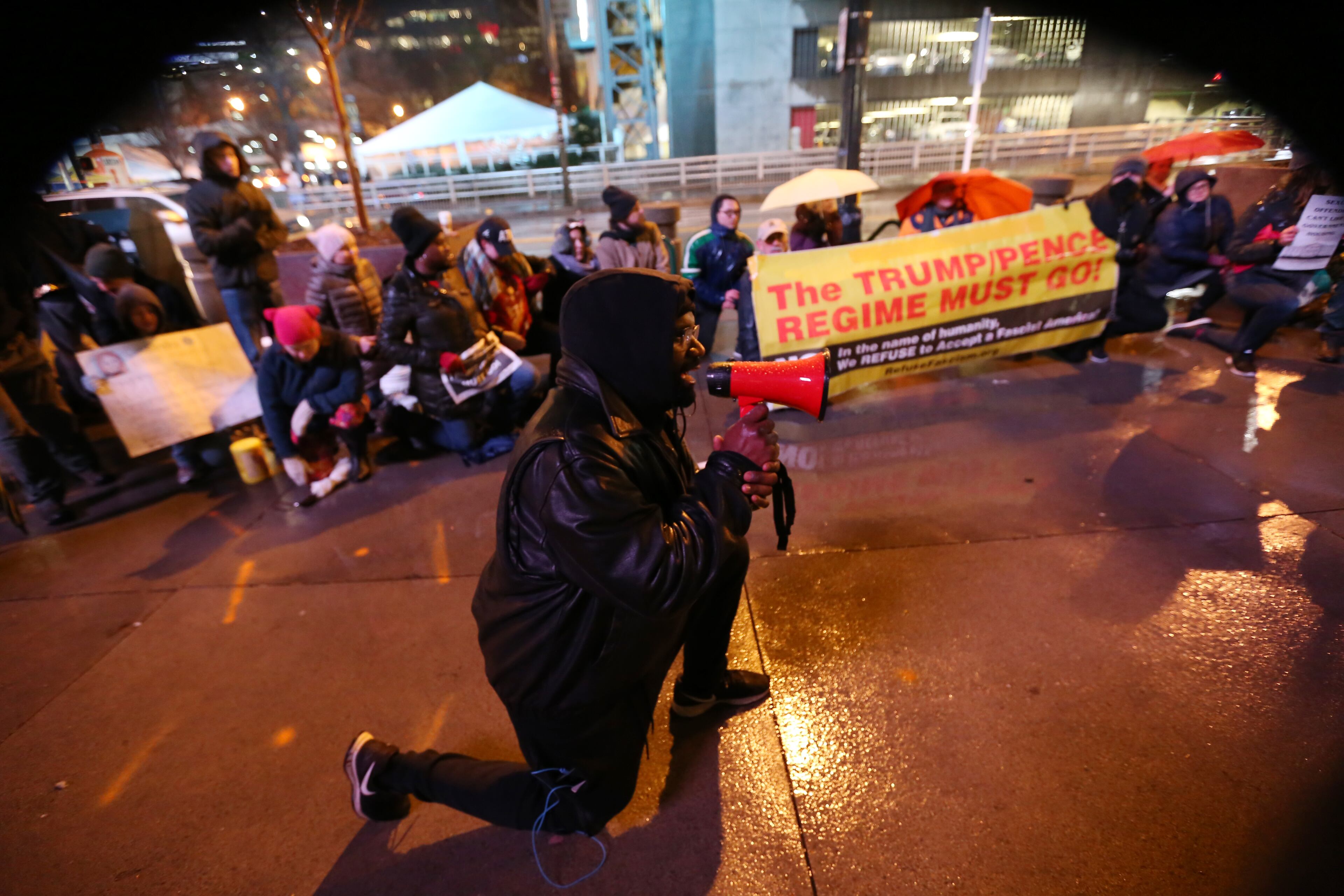 Monday 8, 2018 Atlanta. Dozens of protester from different organizations took a knee in protest for the visit of the president Donald Trump during the NCAA Championship in Atlanta.