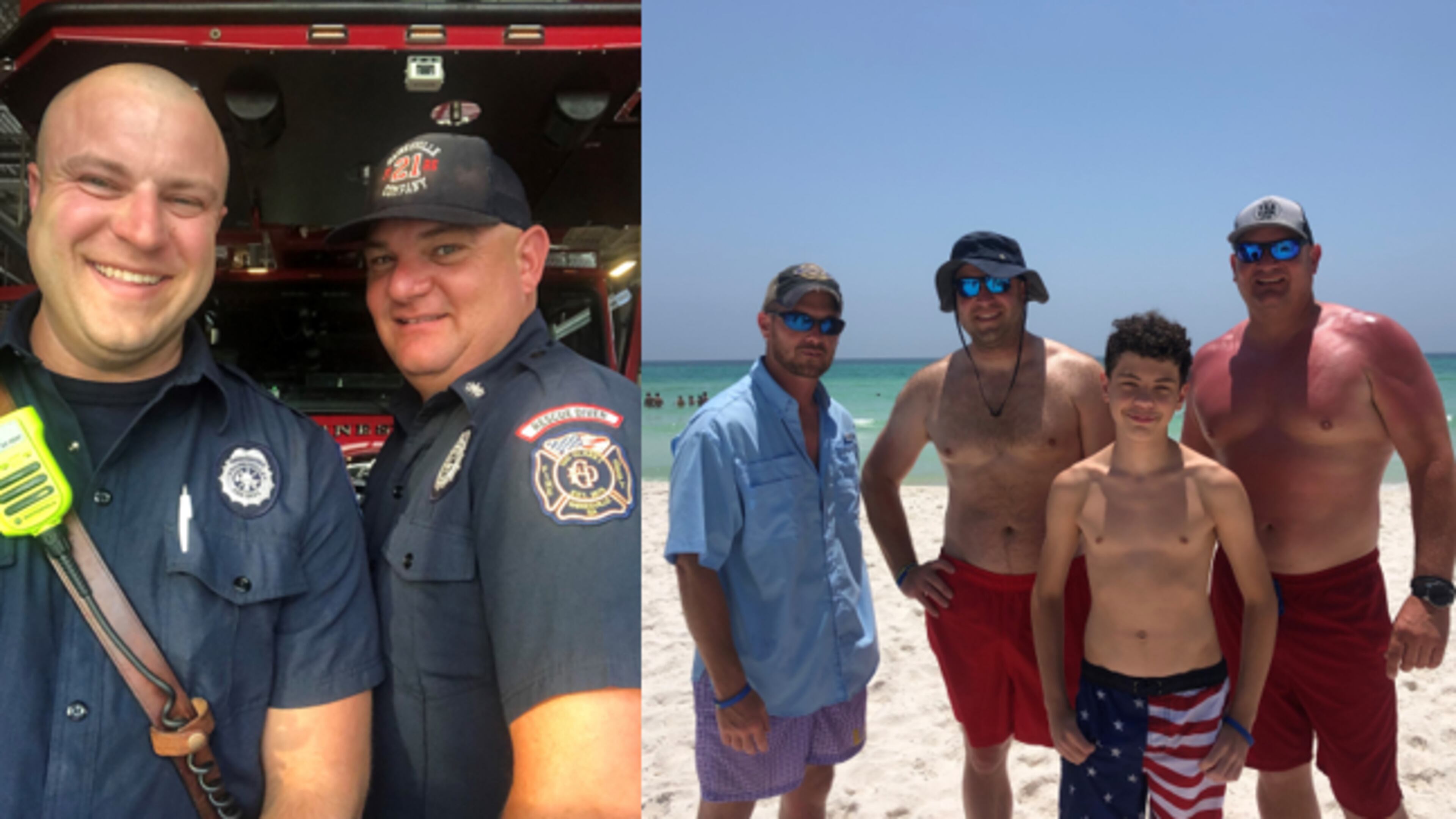Right photo: Jered Rogers (from left) and Gainesville firefighters Andrew Lathem and Robby Buffington saved 13-year-old Hunter Madlock after he swam too far away from a sandbar in Panama City Beach. Left photo: Lathem (left) and Buffington are public safety divers.