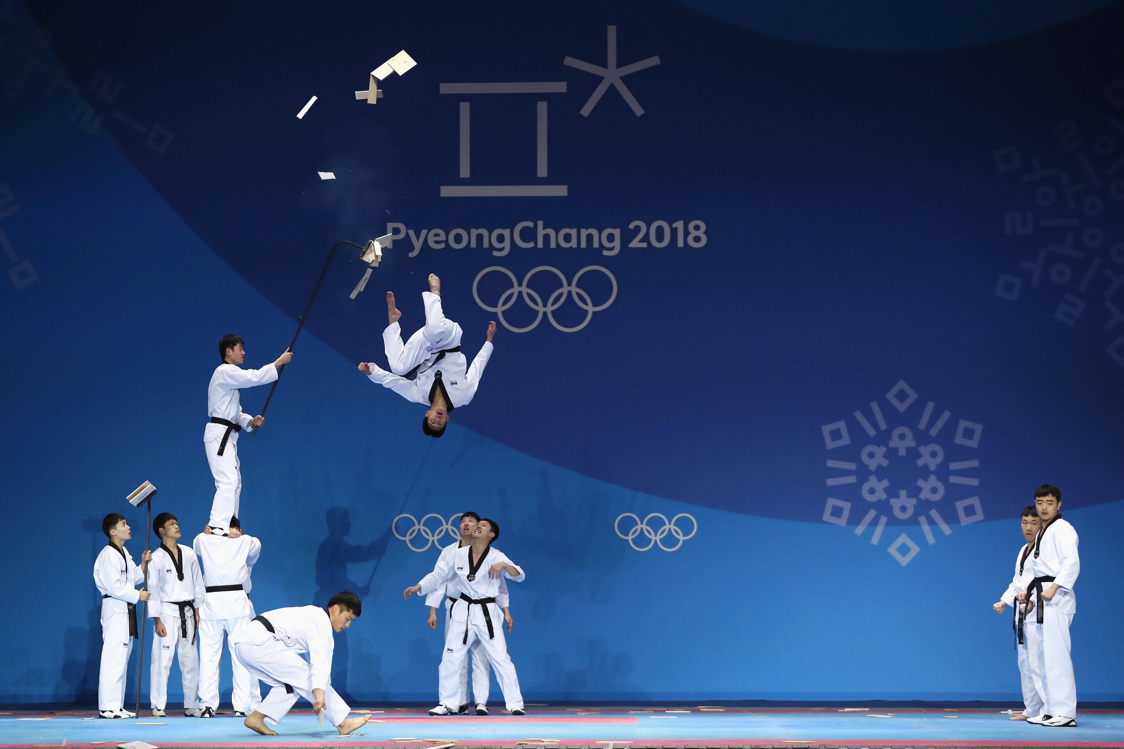 PYEONGCHANG-GUN, SOUTH KOREA - FEBRUARY 19: Martial artists perform on stage prior to the Medal Ceremony on day 10 of the PyeongChang 2018 Winter Olympic Games at Medal Plaza on February 19, 2018 in Pyeongchang-gun, South Korea. (Photo by Richard Heathcote/Getty Images)