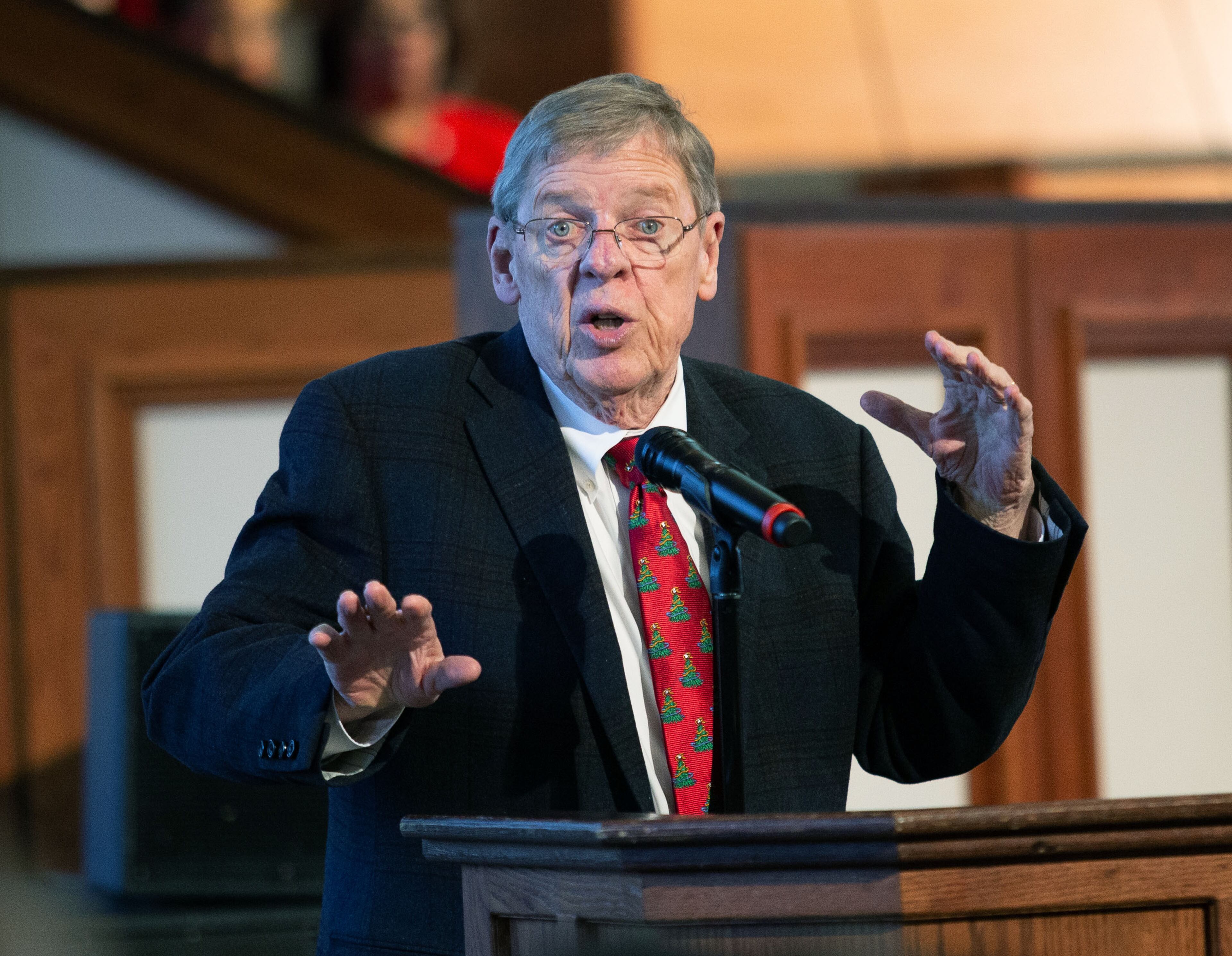 Retiring Sen. Johnny Isakson speaks to the congregation at the Ebenezer Baptist Church in Atlanta on Sunday, December 8, 2019. STEVE SCHAEFER / SPECIAL TO THE AJC