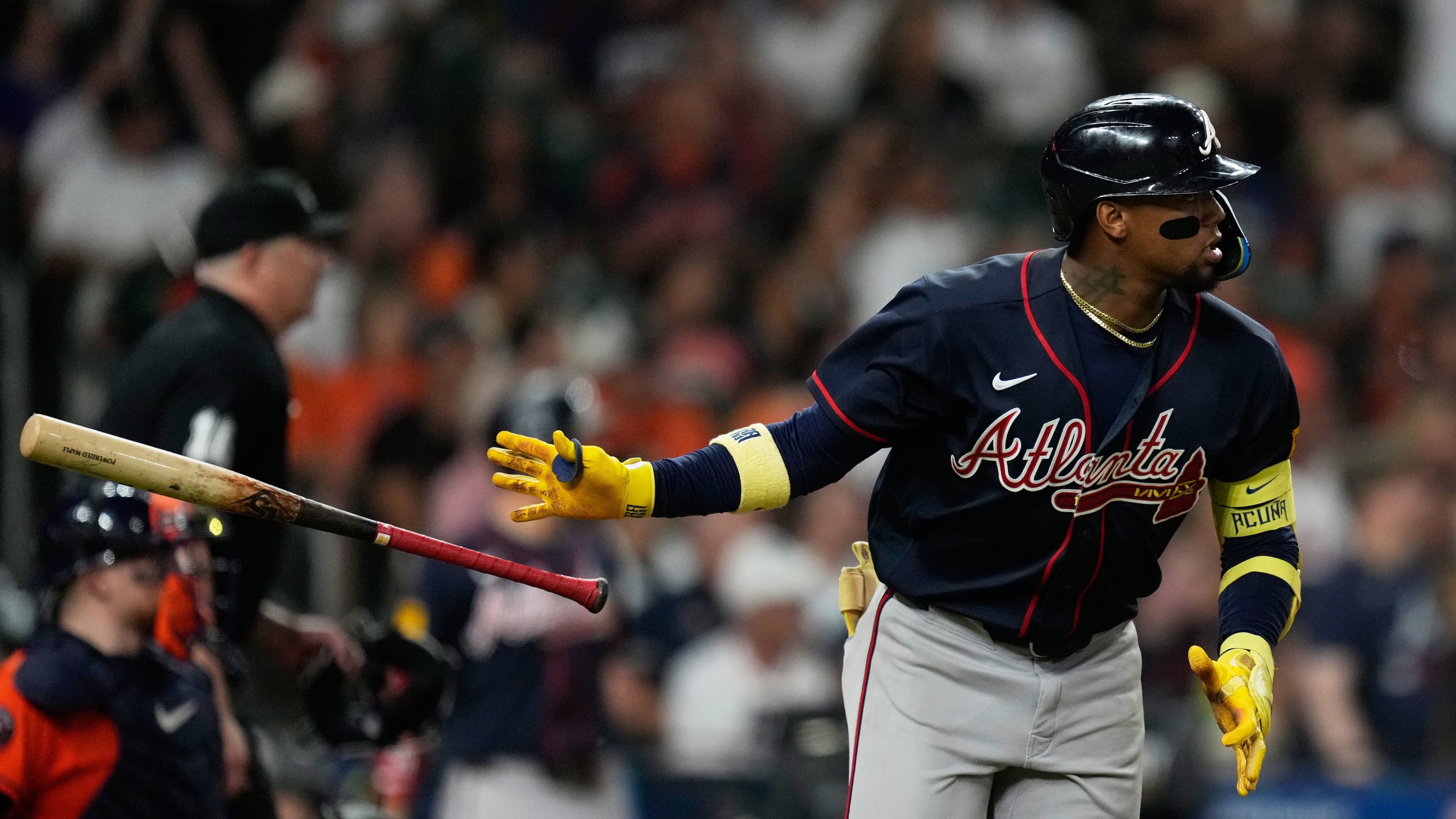 Atlanta Braves' Ronald Acuña Jr. tosses his bat after hitting a home run during the seventh inning of a baseball game against the Houston Astros in Houston, Friday, Sept. 18, 2026. (Ashley Landis/AP)