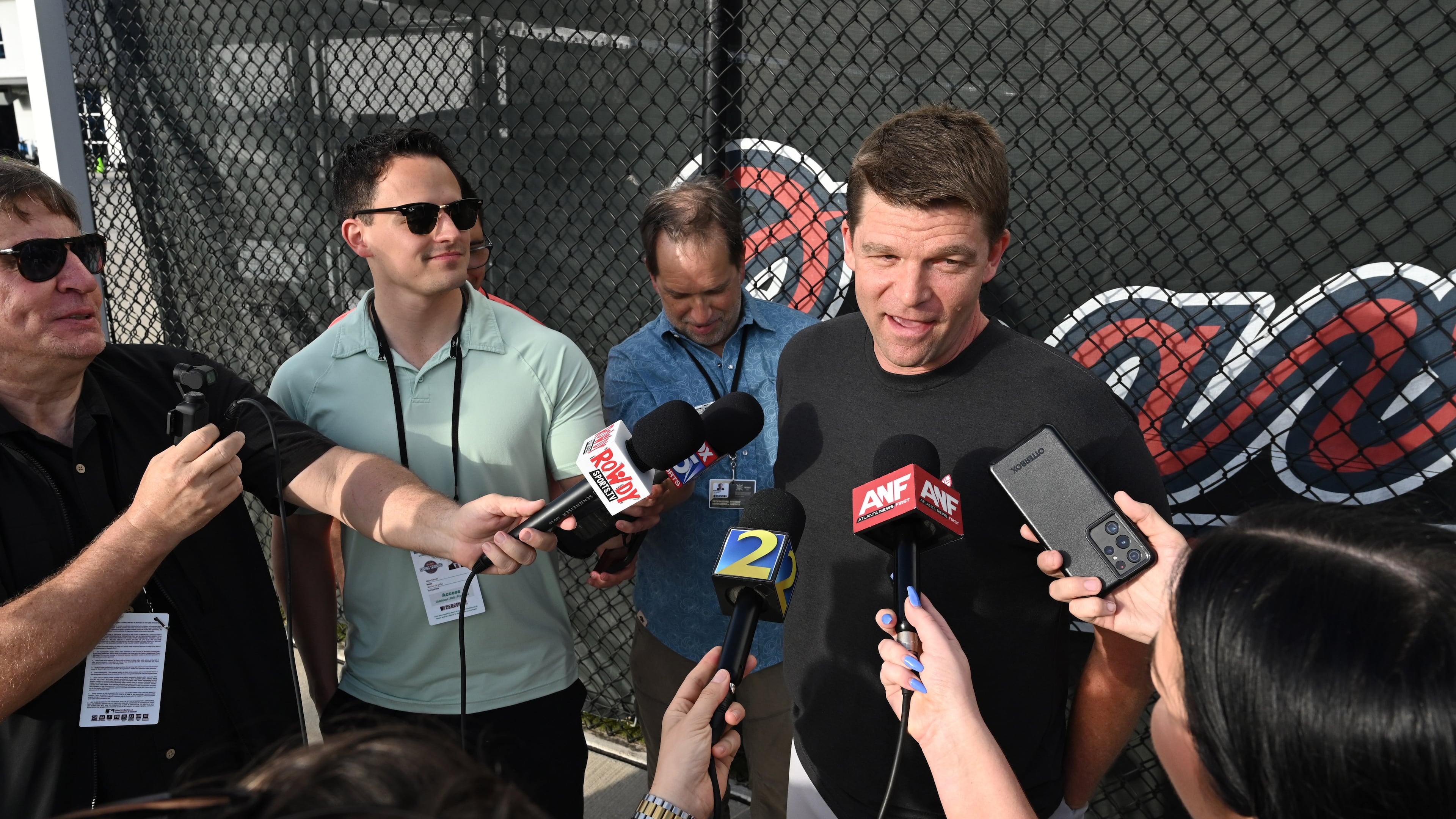 Atlanta Braves new hitting coach Tim Hyers answers questions from members of the press during spring training workouts at CoolToday Park, Saturday, February 15, 2025, North Port, Florida. (Hyosub Shin / AJC)