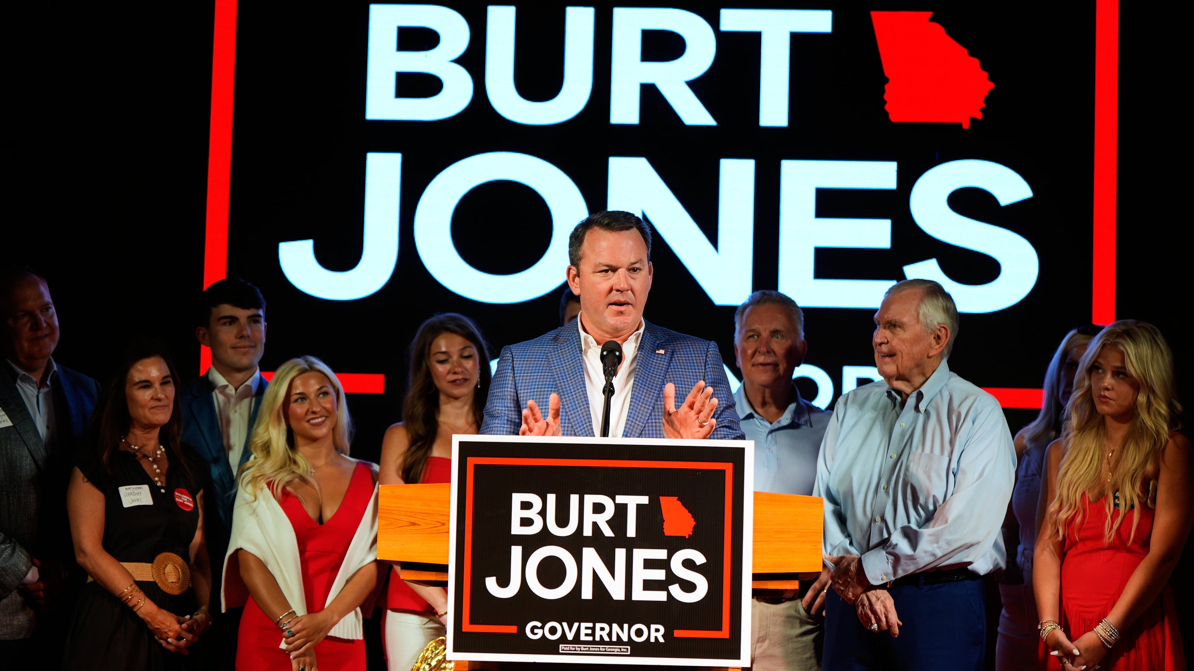 Georgia gubernatorial candidate Burt Jones speaks during a primary election night watch party, Tuesday, May 19, 2026, in Jackson, Ga. (Mike Stewart/AP)