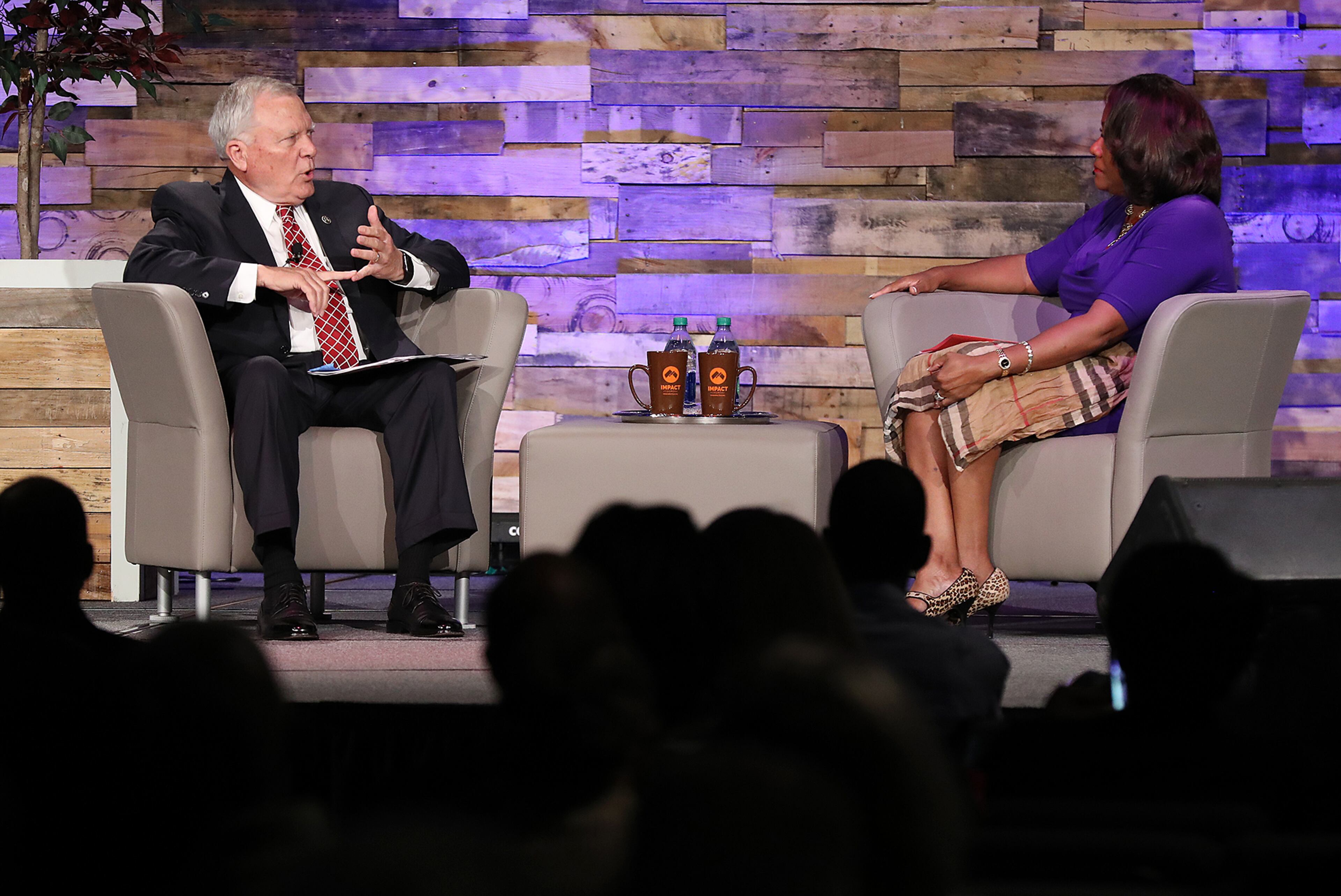 Gov. Nathan Deal discusses the Opportunity School District referendum with moderator Karen Greer and members of the audience at Impact Church on Tuesday, Oct. 25, 2016, in East Point. Curtis Compton /ccompton@ajc.com