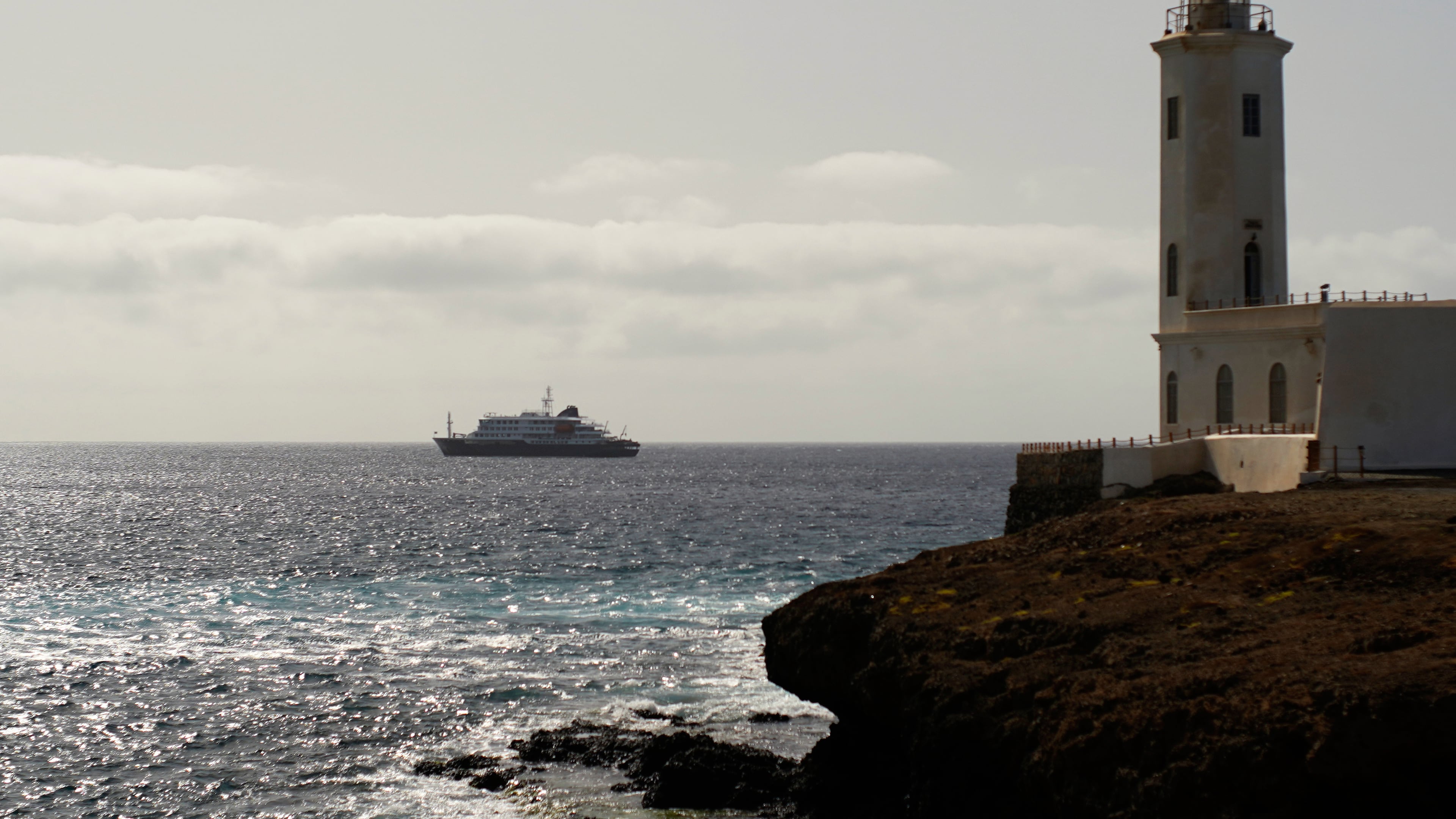 A view of the m/v Hondius Cruise ship anchored at a port in Praia, Cape Verde, Monday, May 4, 2026. (AP Photo/Arilson Almeida)