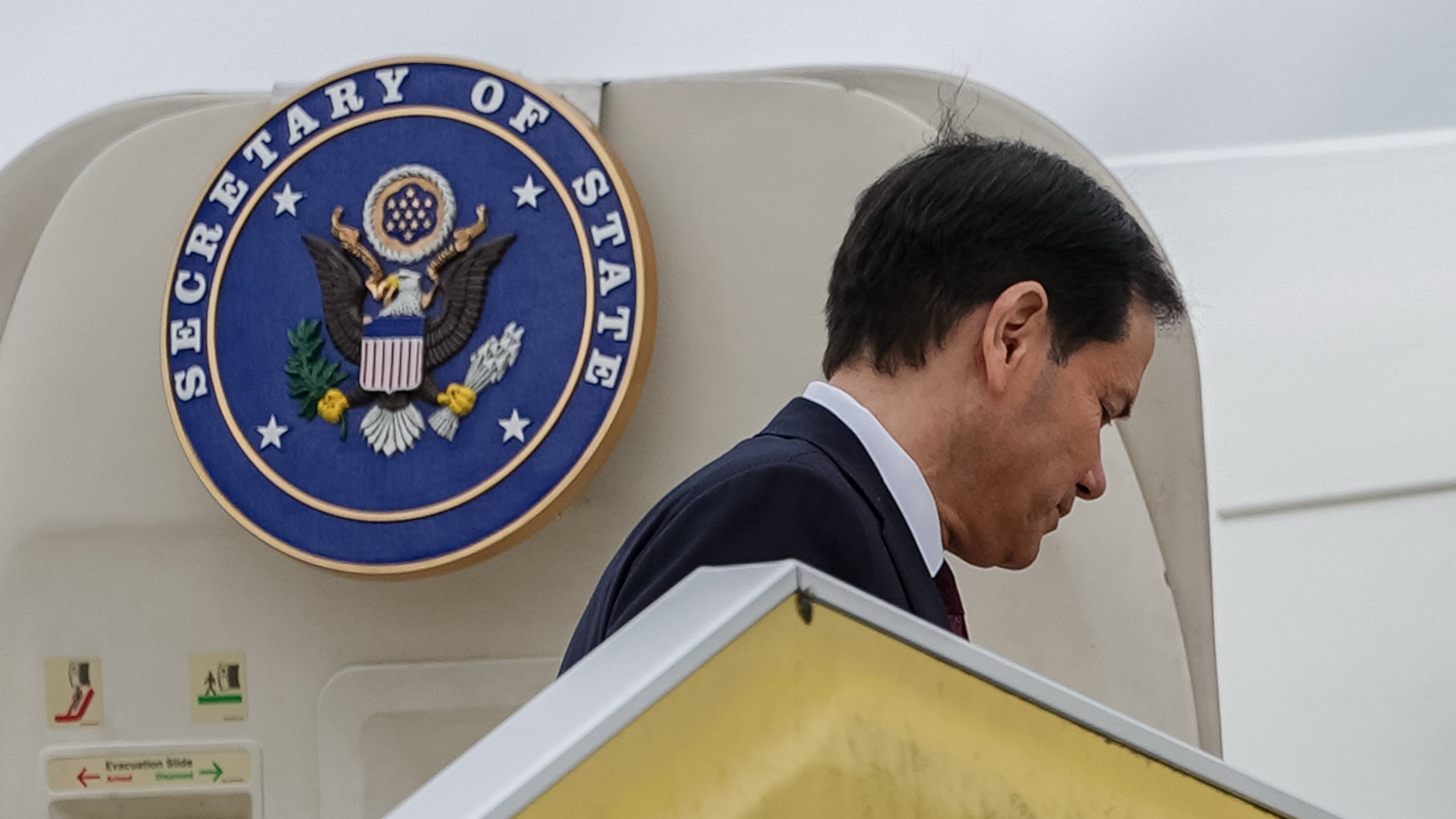 Secretary of State Marco Rubio boards his plane at Malmo Airport, Friday, May 22, 2026, in Malmo-Sturup, Sweden. (AP Photo/Julia Demaree Nikhinson, Pool)