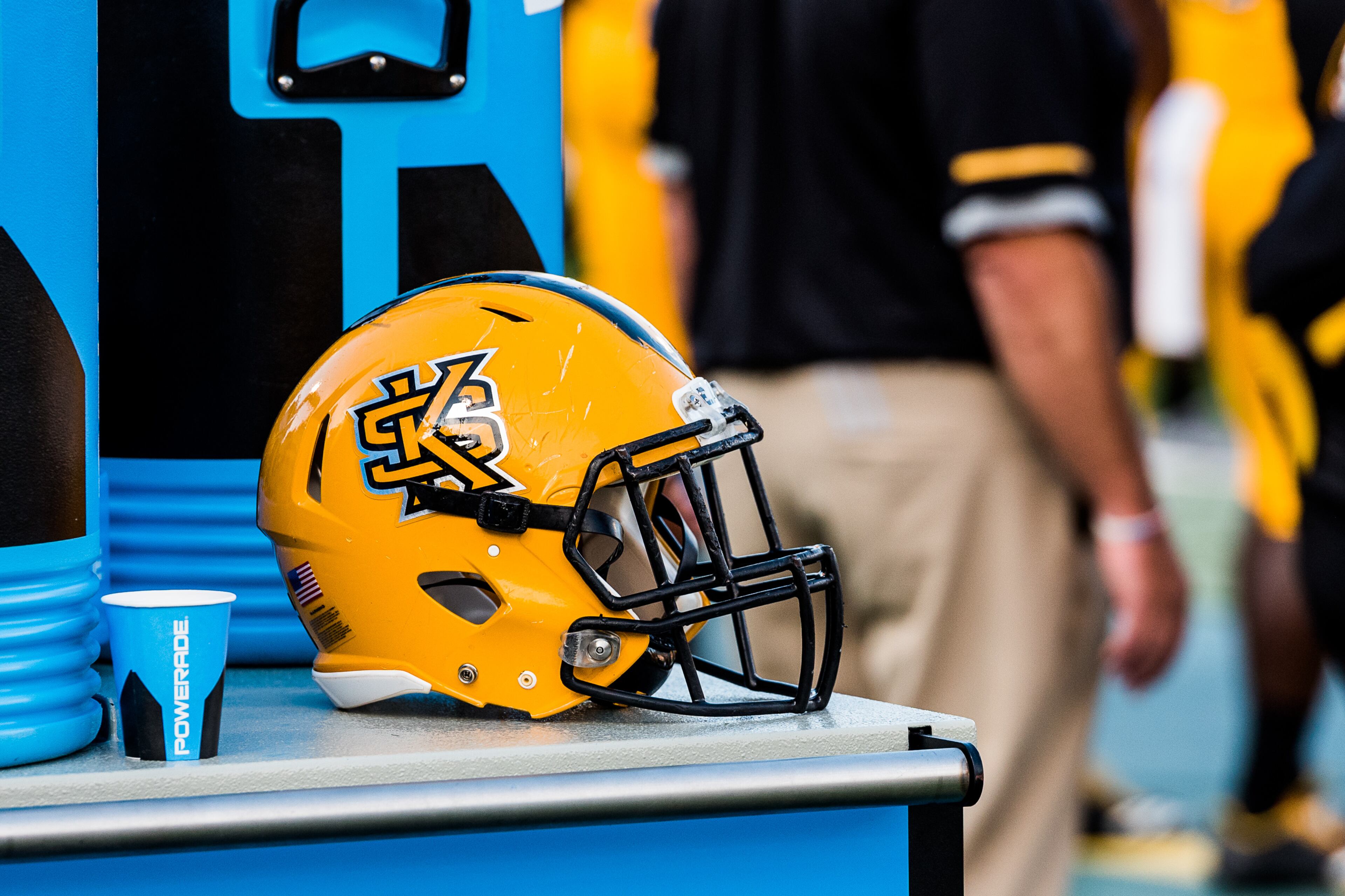 A gold Kennesaw State helmet sits on the sideline during Saturday's matchup between Kennesaw State and North Greenville, Saturday, Sept. 30, 2017. (Special by Cory Hancock)
