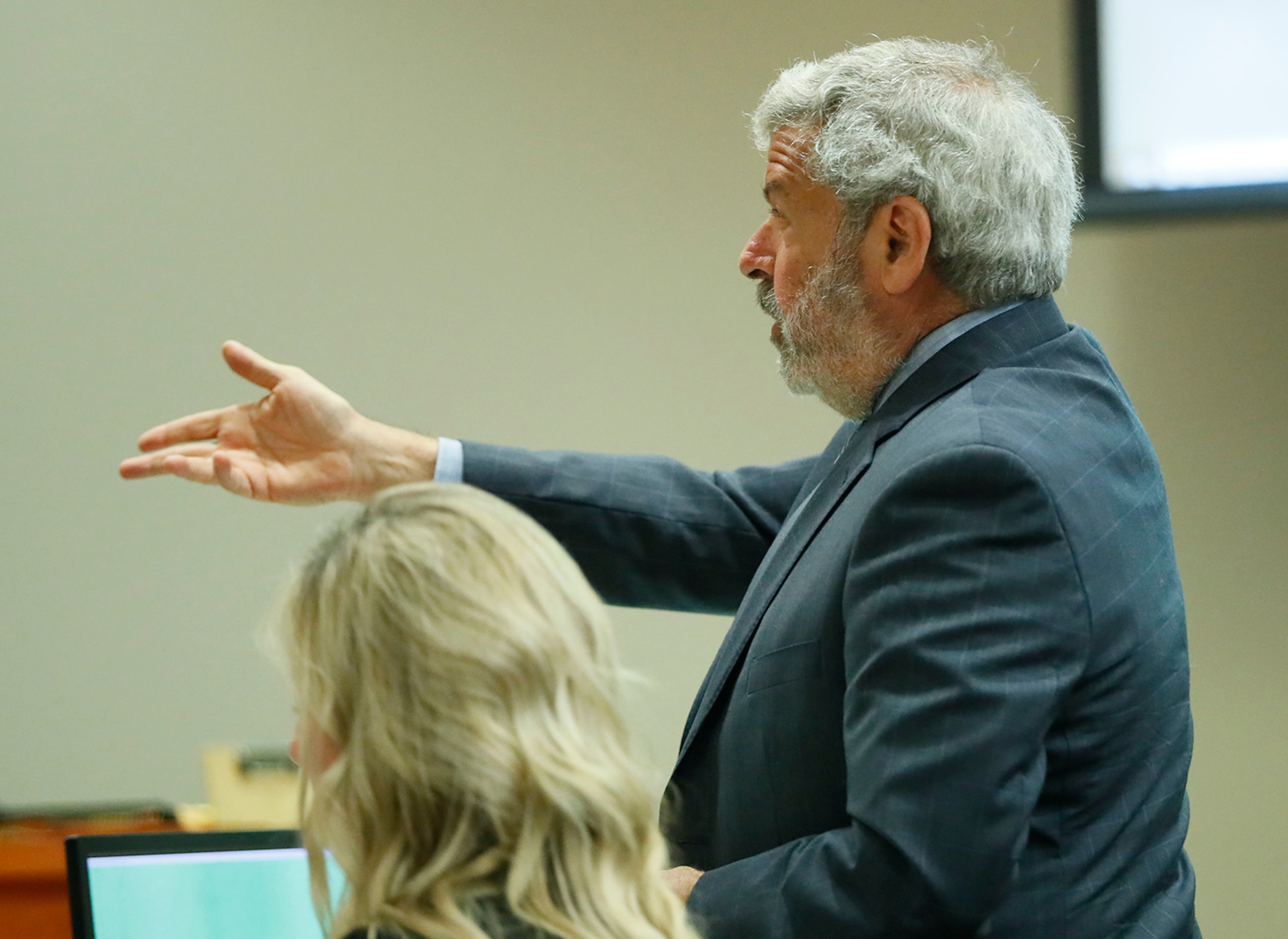 October 2, 2019 - Decatur - Defense attorney Don Samuel raises an objection during morning testimony. The murder trial of former DeKalb County Police Officer Robert "Chip" Olsen continued today. Olsen is charged with murdering war veteran Anthony Hill. Bob Andres / robert.andres@ajc.com