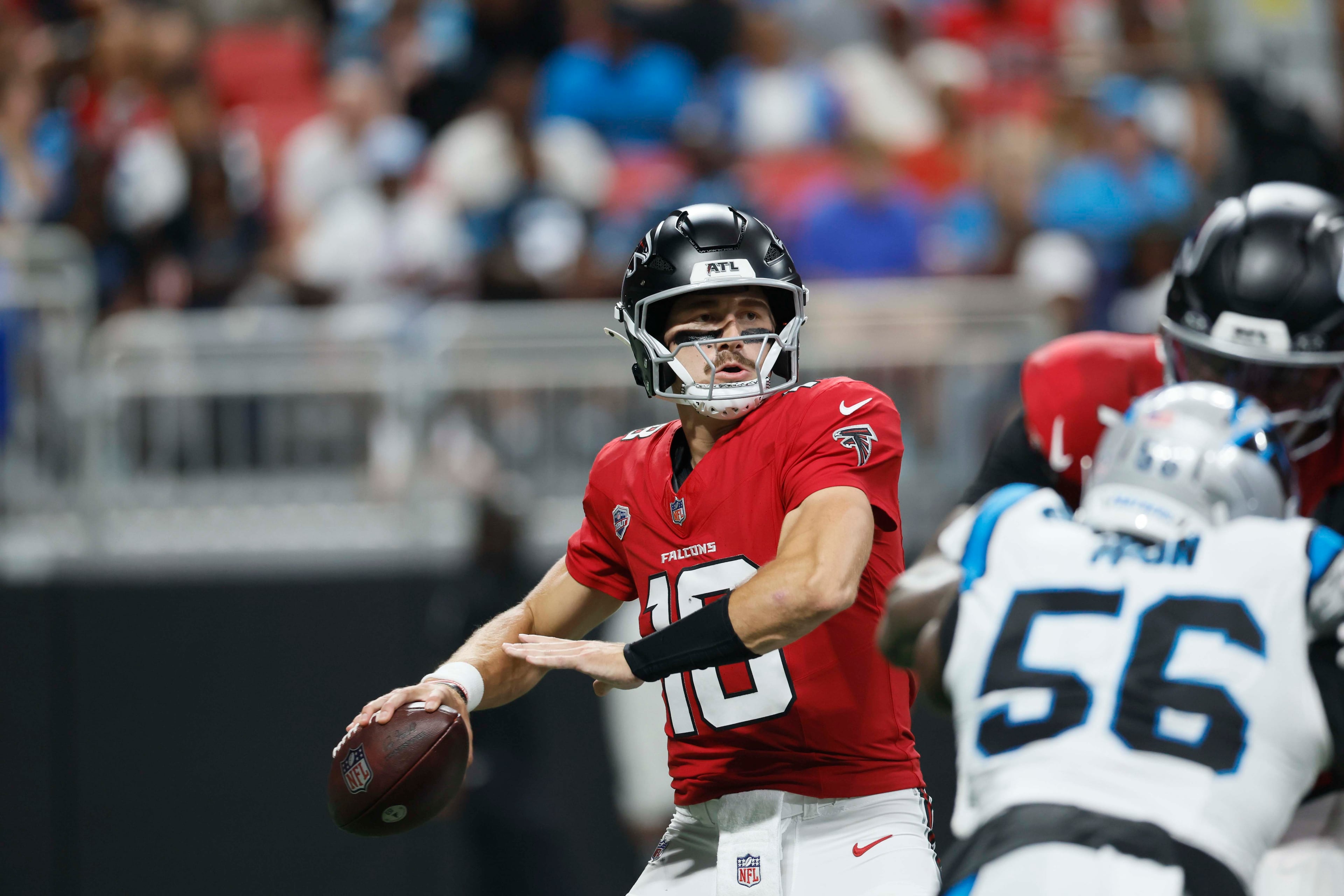 Atlanta Falcons quarterback Jack Strand (18) throws an interception on his first pass attempt in the second half of an NFL game against the Carolina Panthers at Mercedes-Benz Stadium in Atlanta on Sunday, Sept. 20, 2026. (Miguel Martinez/AJC)