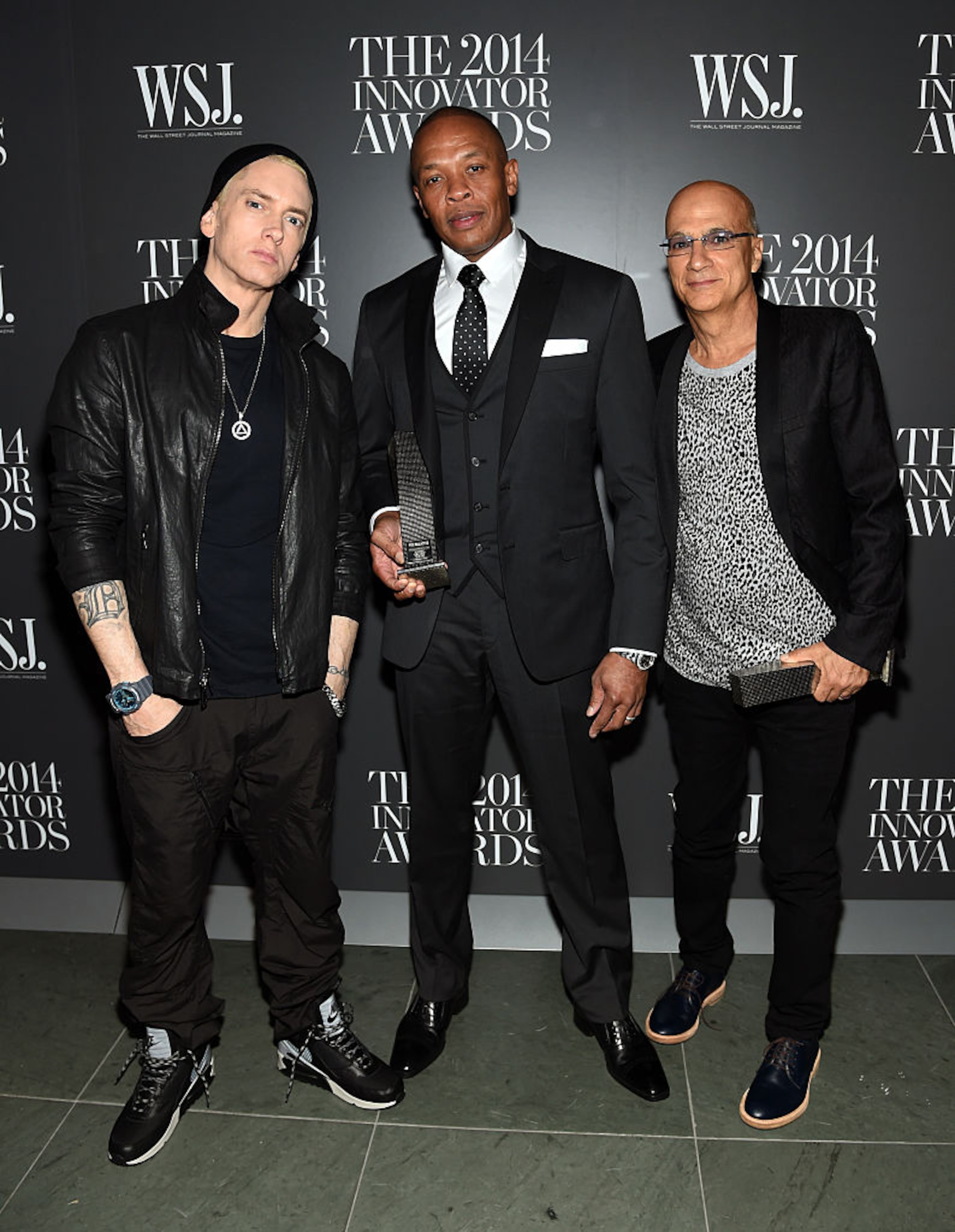 NEW YORK, NY - NOVEMBER 05: (L-R) Eminem, Dr. Dre and Jimmy Iovine attend WSJ. Magazine 2014 Innovator Awards at Museum of Modern Art on November 5, 2014 in New York City. (Photo by Jamie McCarthy/Getty Images)