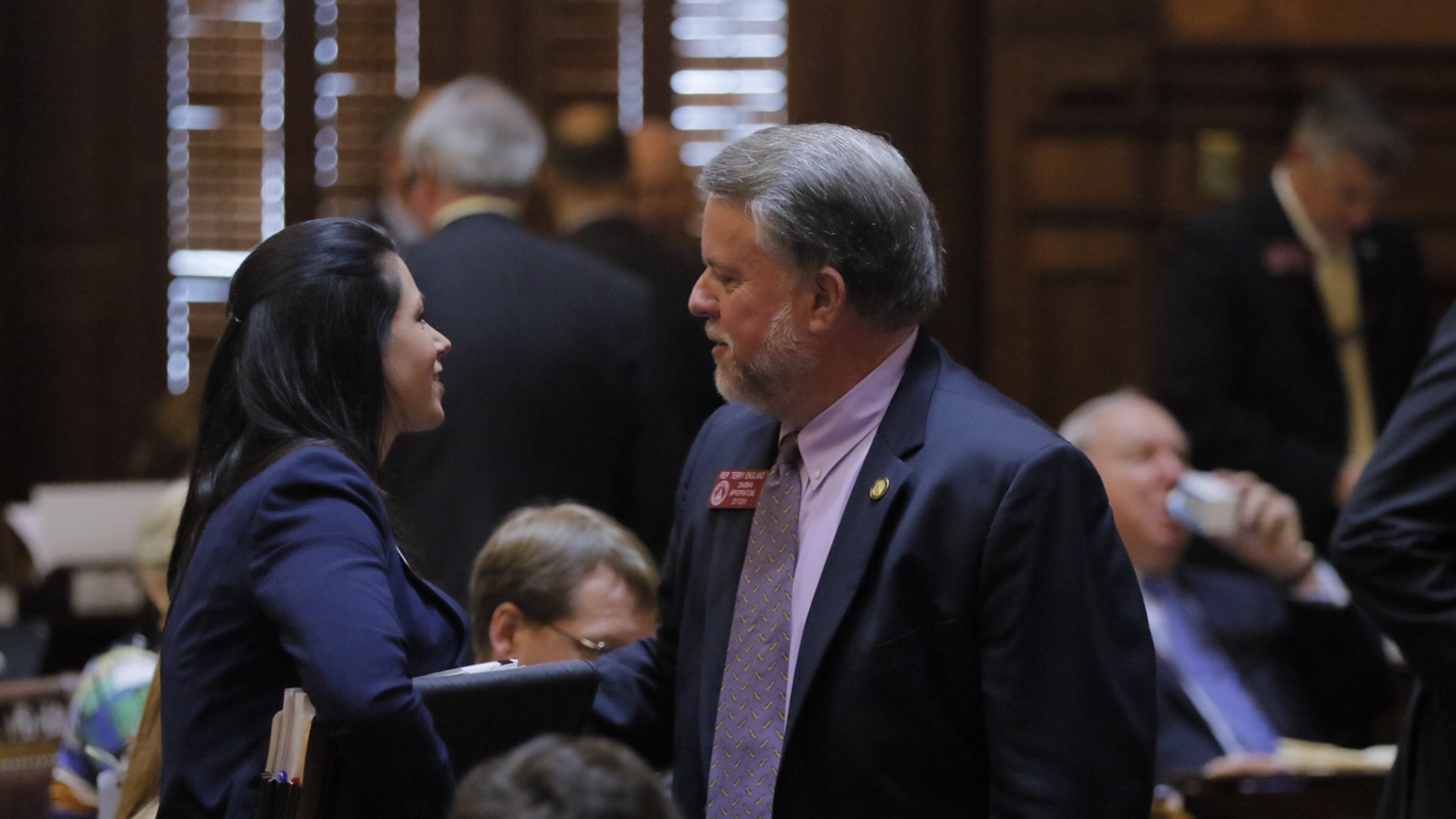 Georgia House Appropriations Chairman Terry England, R-Auburn, talks with Deputy House Budget Director Christine Murdock after the state’s $25 billion budget gains final passage. BOB ANDRES / BANDRES@AJC.COM