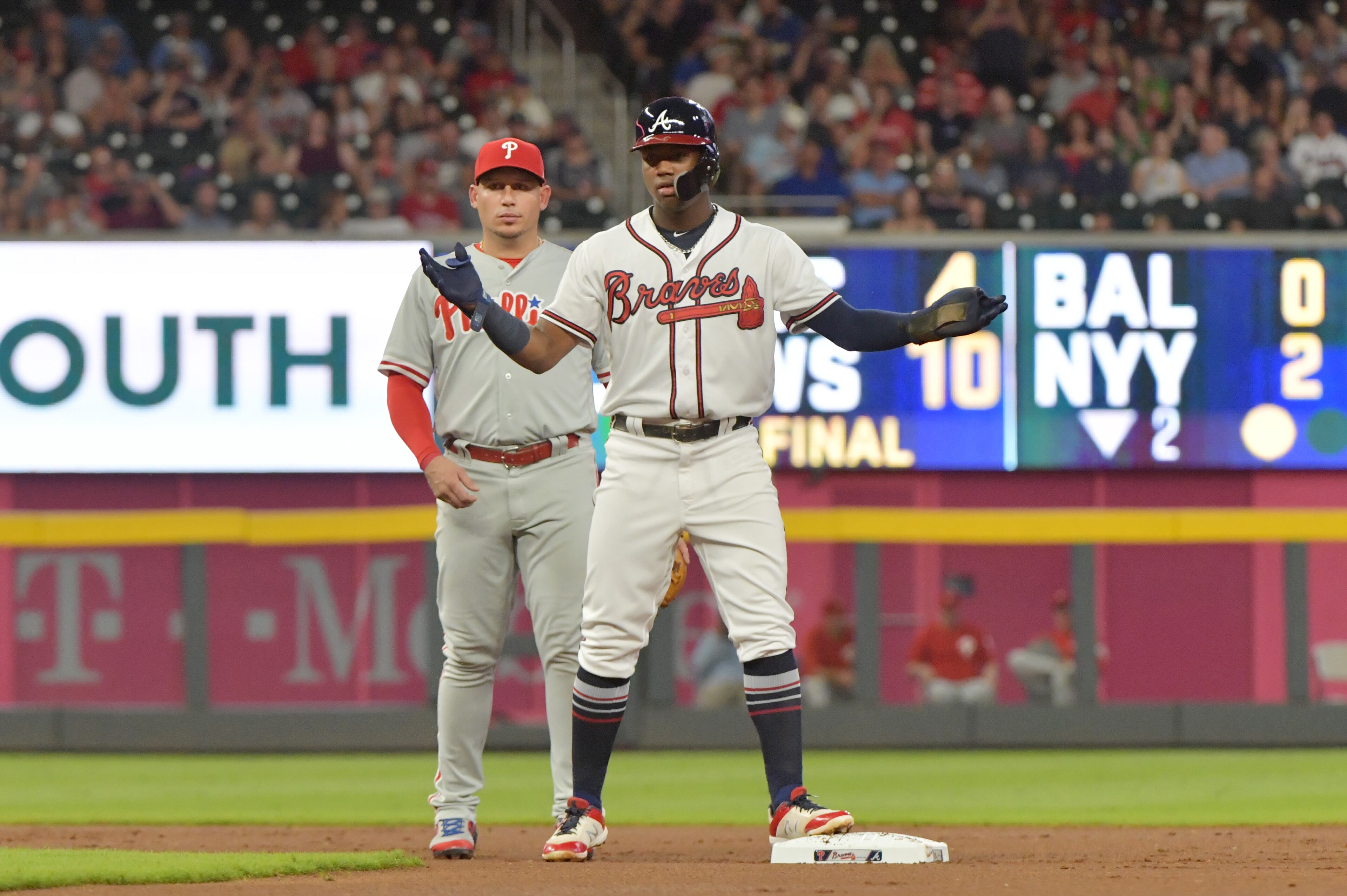 September 21, 2018 Atlanta - Atlanta Braves left fielder Ronald Acuna Jr. (13) reacts during the first inning in a MLB baseball game at SunTrust Park on Friday, September 21, 2018. HYOSUB SHIN / HSHIN@AJC.COM