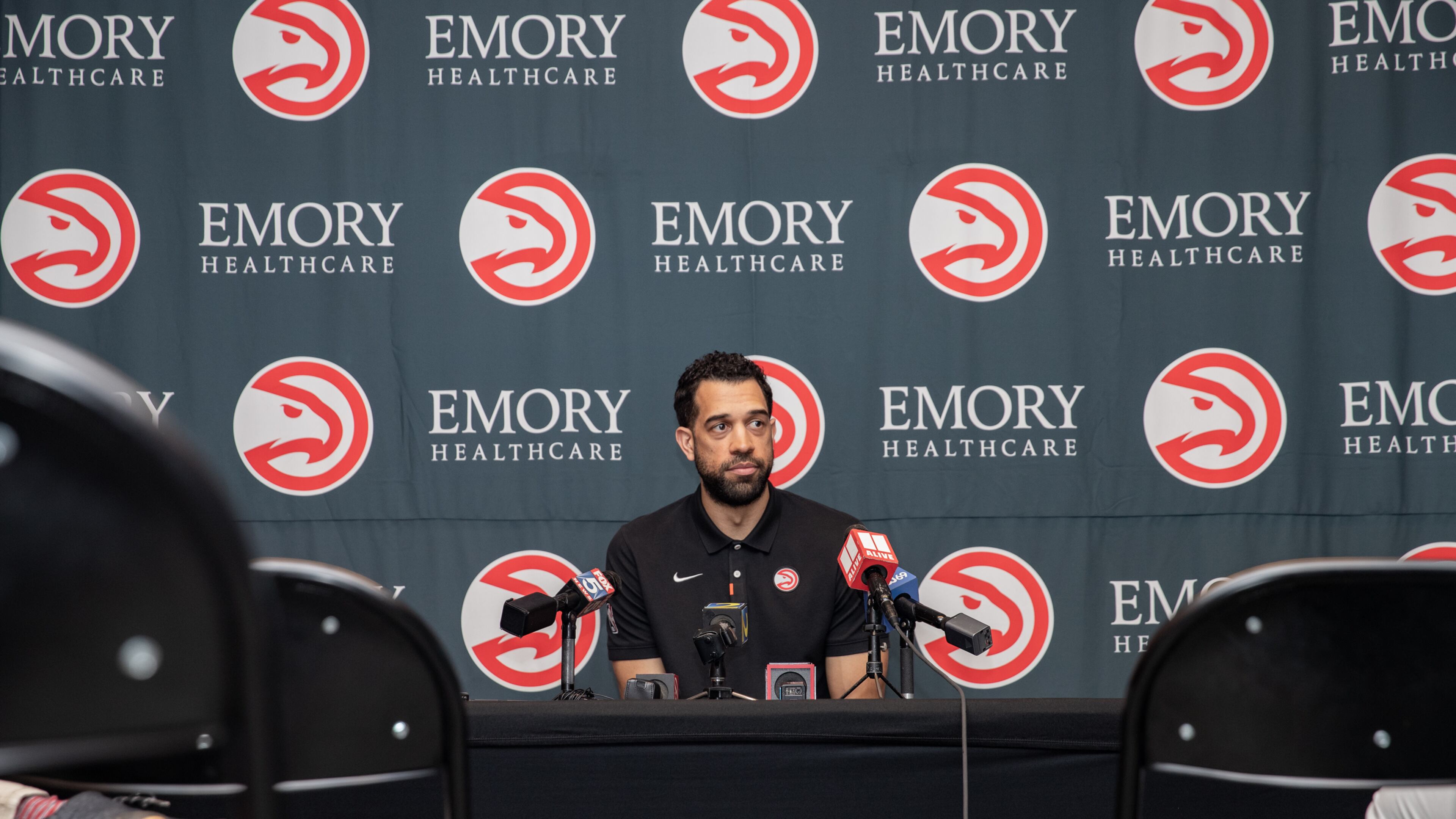 Hawks General Manager Landry Fields addresses reporters questions at the team’s practice facility Wednesday, Feb 22, 2023 at the team’s practice facility after it was announced he made the decision to fire Head Coach Nate McMillan. (Jenni Girtman for The Atlanta Journal-Constitution)