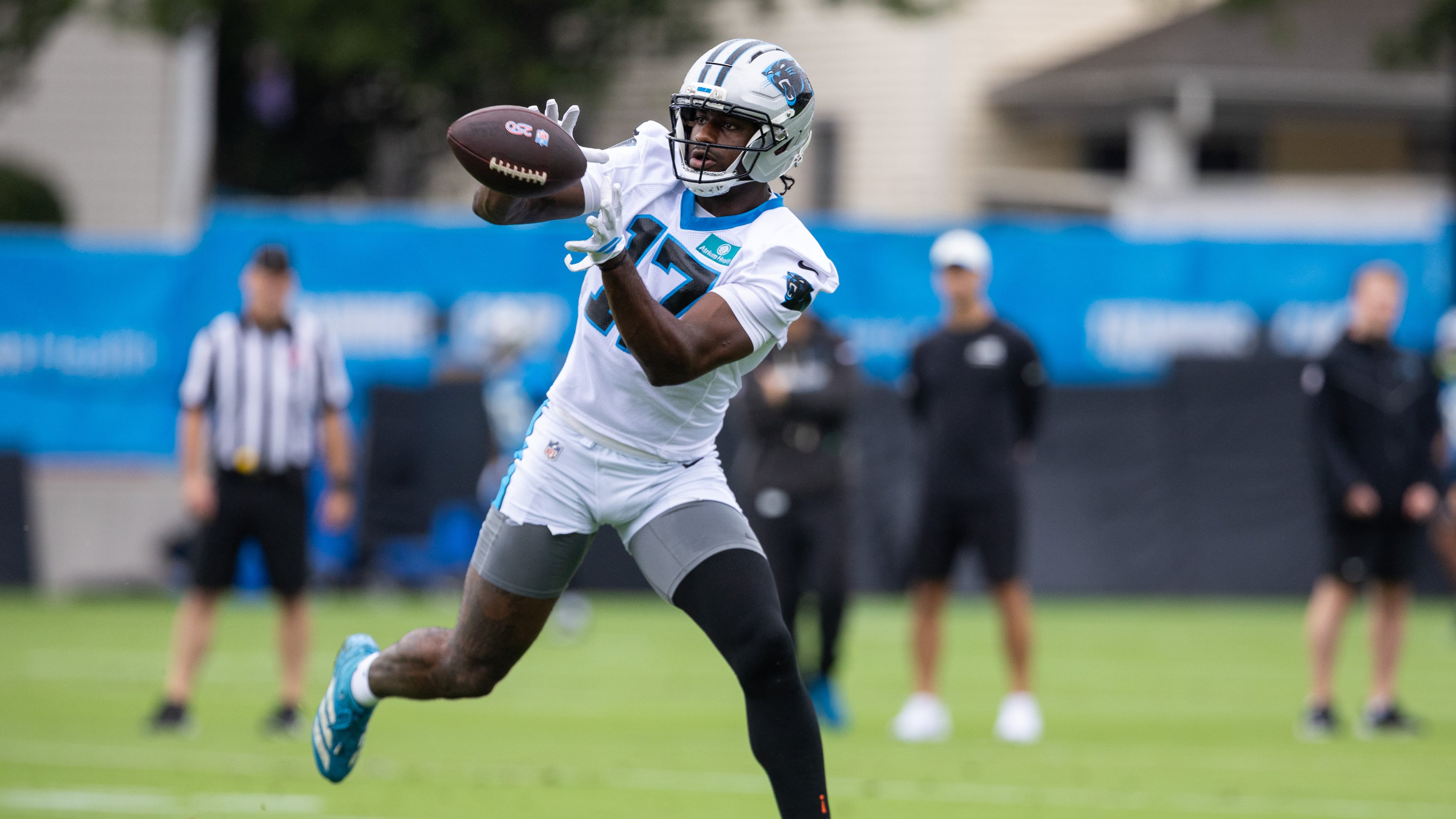 Carolina Panthers wide receiver Xavier Legette (17) makes a catch during the NFL football team's training camp Thursday, July 23, 2026, in Charlotte, N.C. (AP Photo/Scott Kinser)