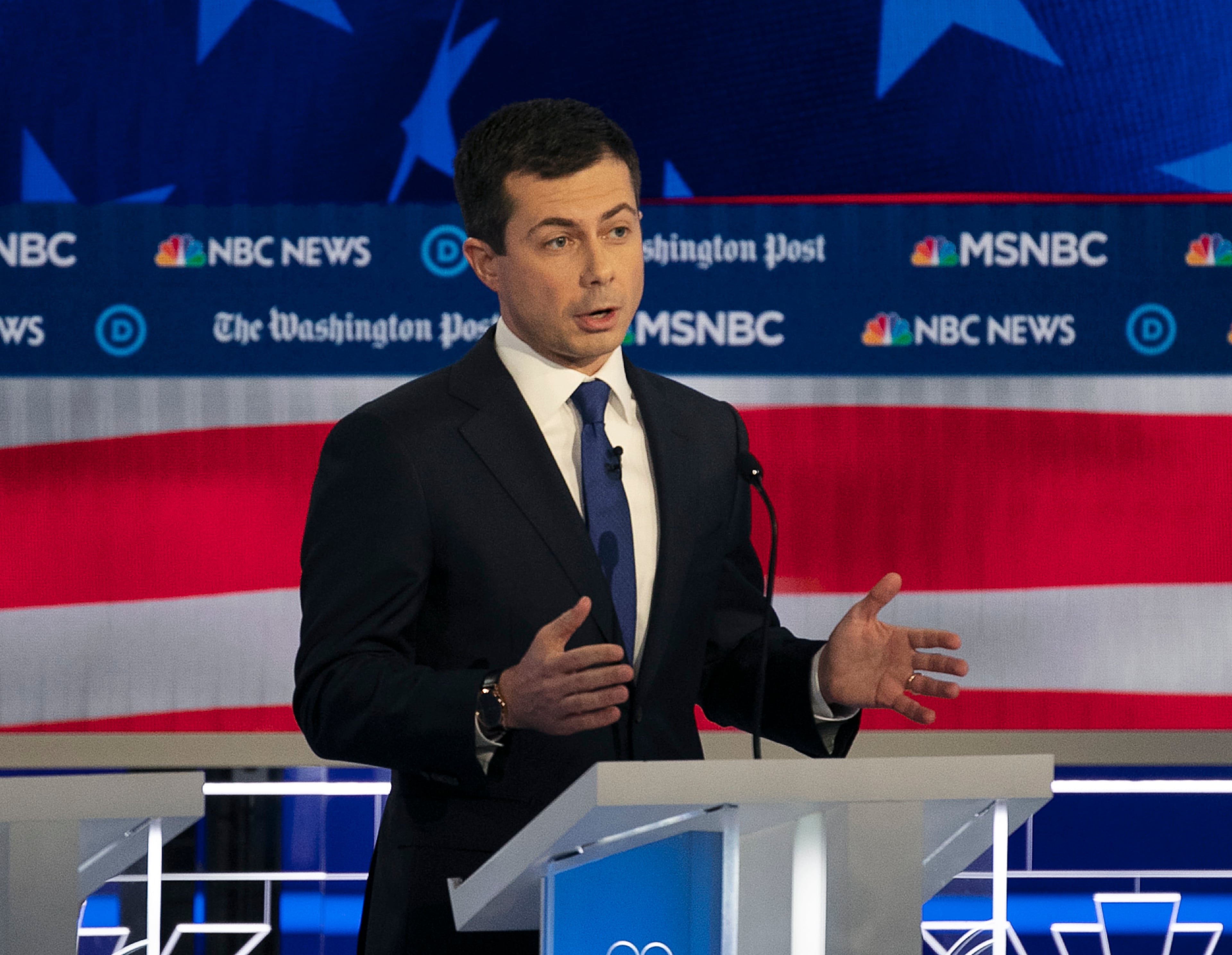 11/20/2019 -- Atlanta, Georgia -- Mayor Pete Buttigieg speaks, during the MSNBC/The Washington Post Democratic Presidential debate inside the Oprah Winfrey Soundstage at Tyler Perry Studios, Monday, November 20, 2019. (Alyssa Pointer/Atlanta Journal Constitution)