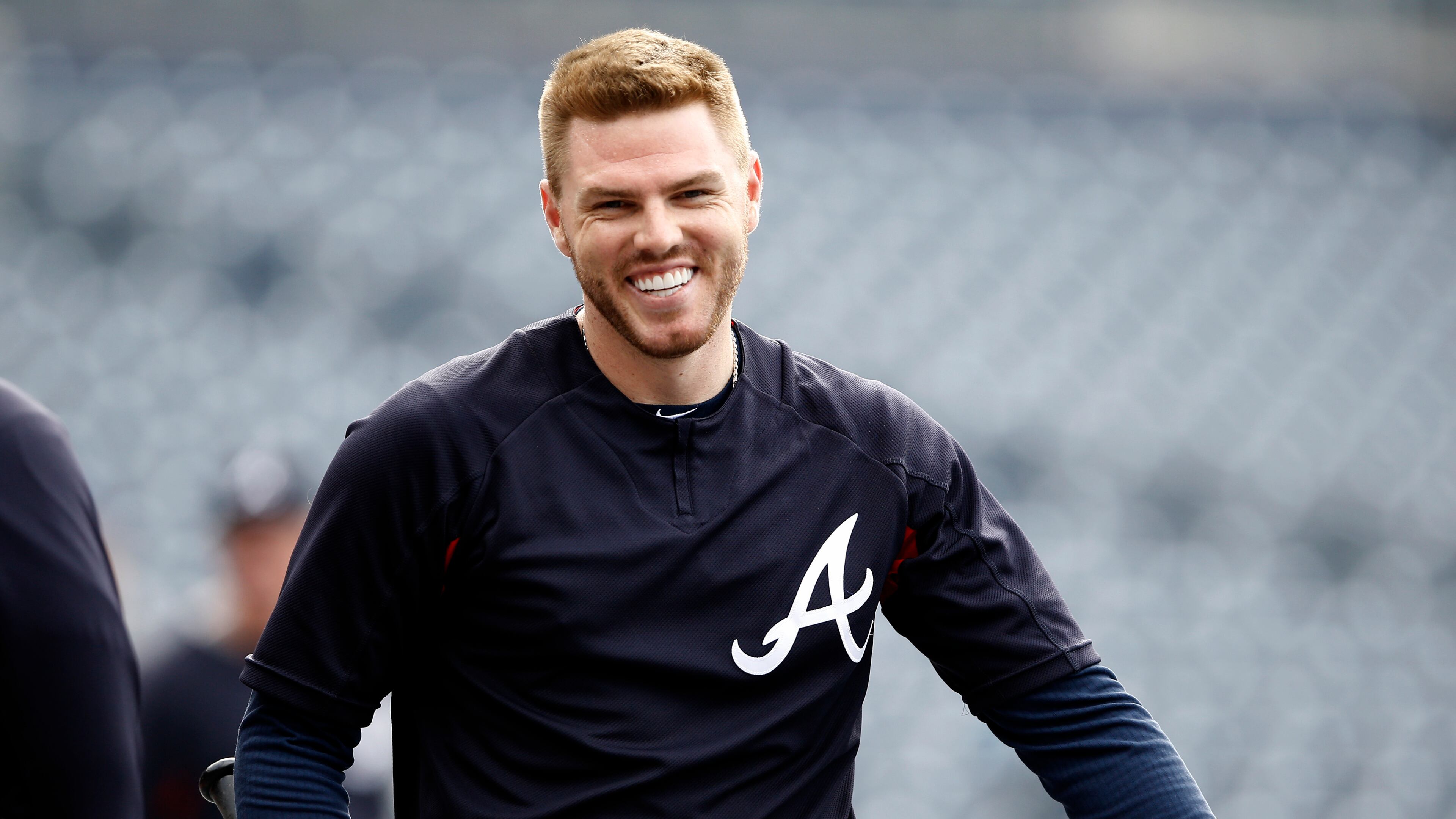 Freddie Freeman of the Braves smiles during batting practice during warm-ups before a game against the San Diego Padres in San Diego, Wednesday, June 28, 2017. (AP Photo/Alex Gallardo)