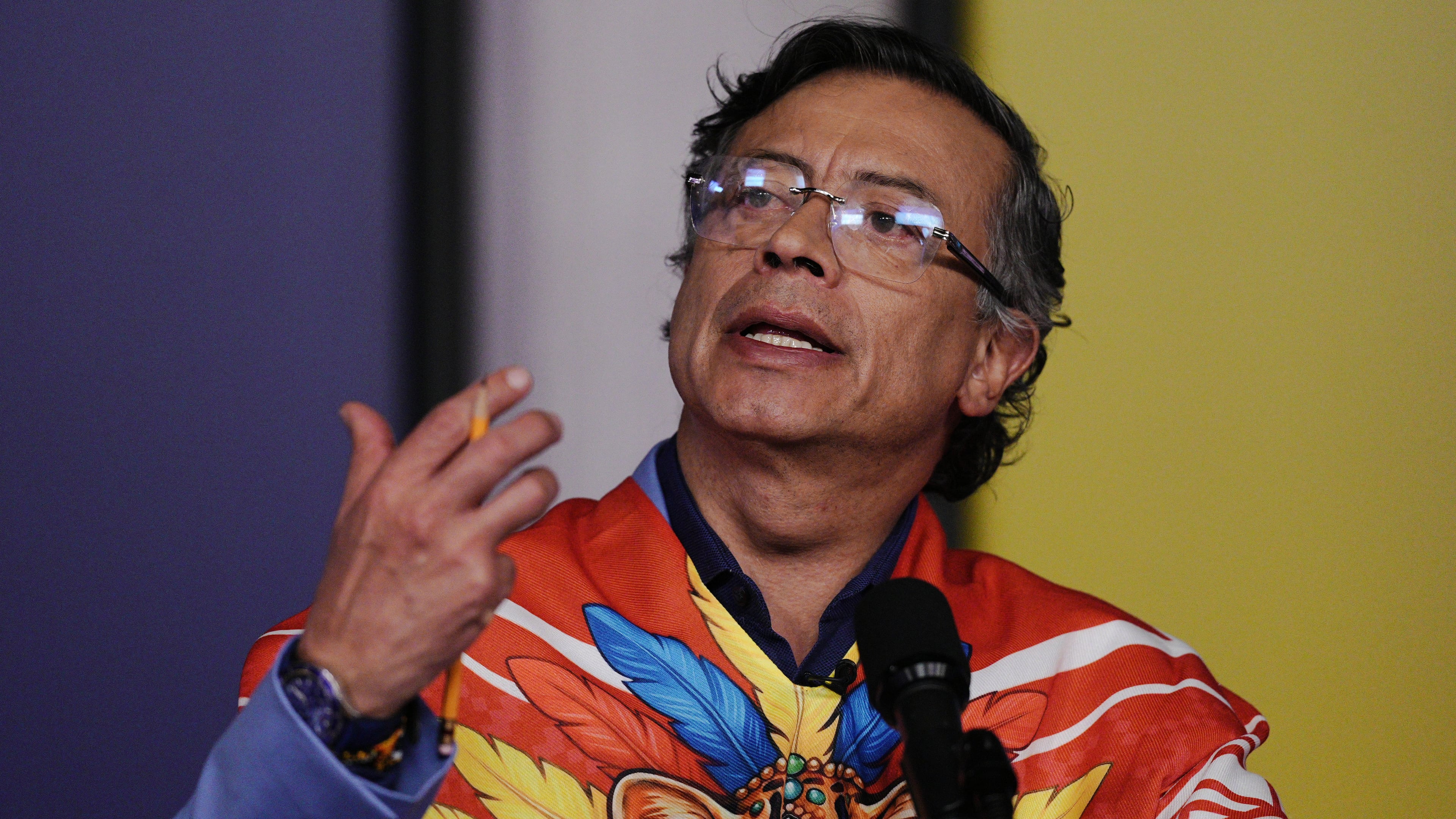 Colombia's President Gustavo Petro holds a press conference at the presidential palace in Bogota, Colombia, Monday, Aug. 3, 2026. (AP Photo/Ivan Valencia)