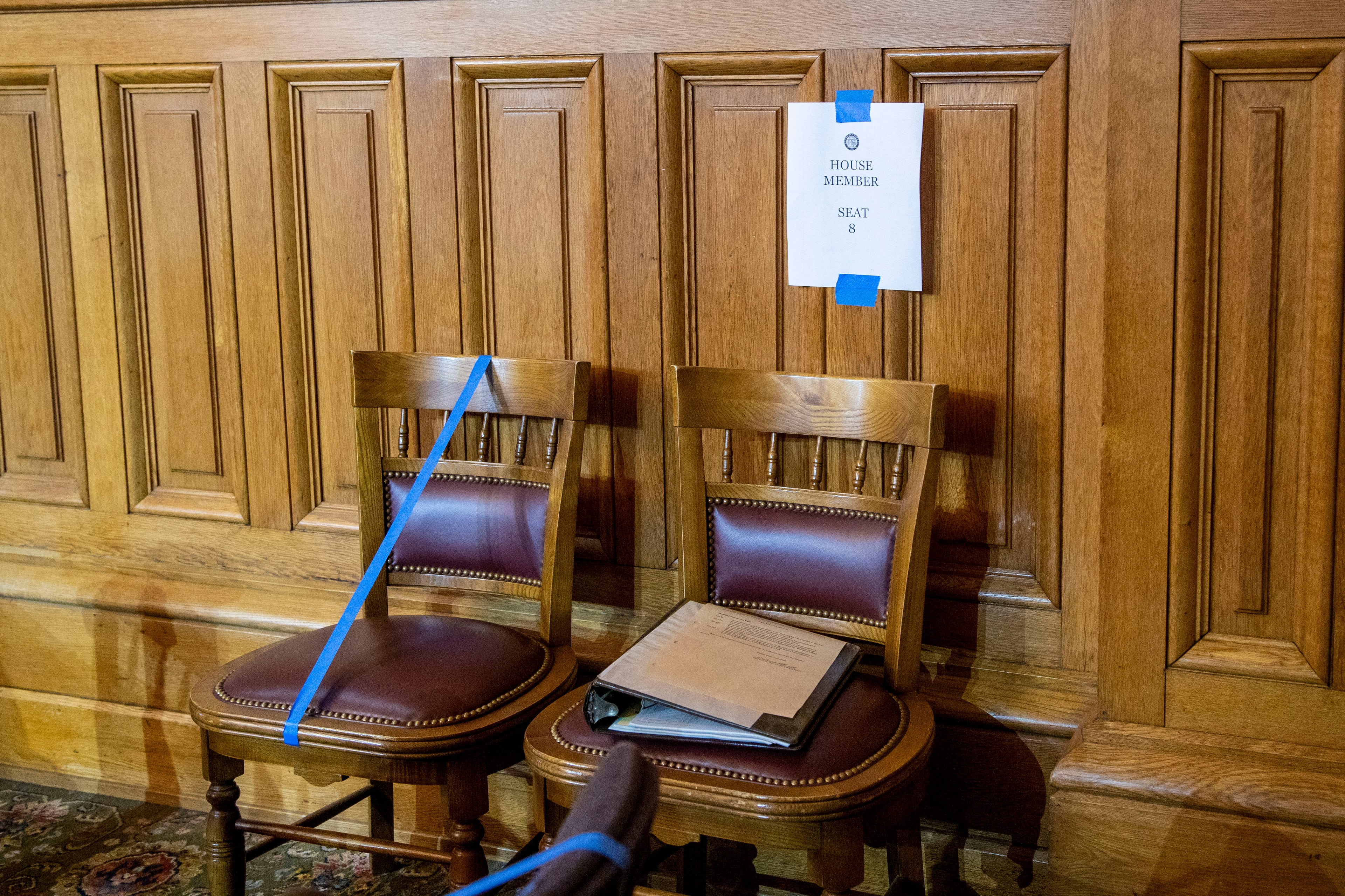 06/15/2020 - Atlanta , Georgia - Social distancing is mandatory as members of the Georgia House of Representatives live stream the House chambers session from the Senate Committee Room during the 30th day of the legislative session at the Georgia State Capitol building, Monday, June 15, 2020. Due to COVID-19 restrictions, members of the house were seated on the floor of the house, the gallery of the house and in the Senate Committee Room. (ALYSSA POINTER / ALYSSA.POINTER@AJC.COM)