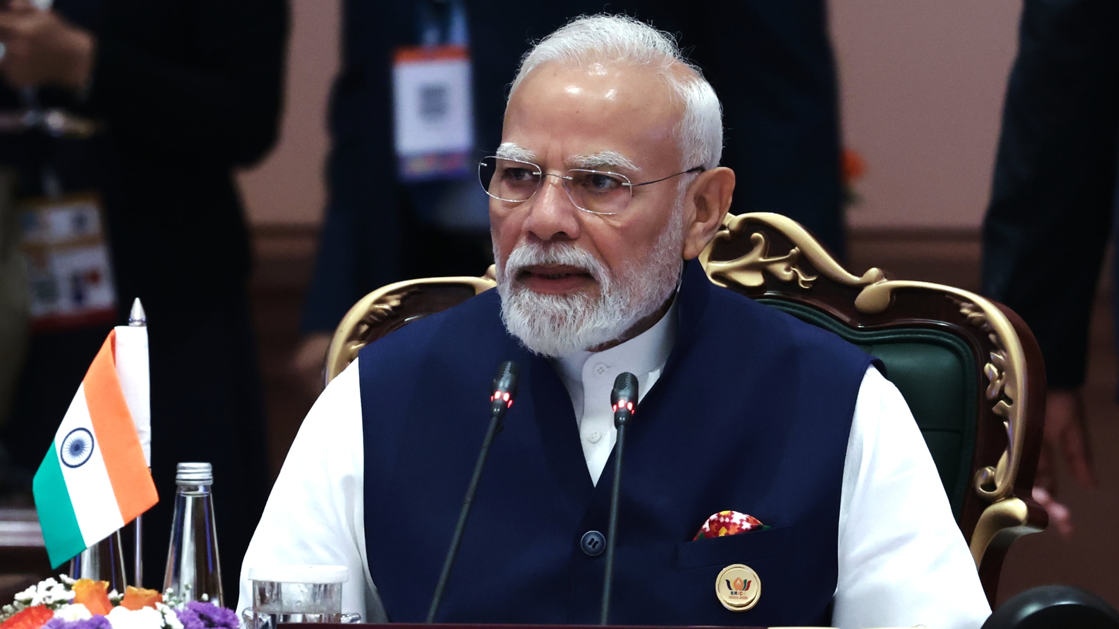 Indian Prime Minister Narendra Modi attends a session of the BRICS Plus Outreach format in New Delhi, India, on Sunday, Sept. 13, 2026. (Alexander Kazakov, Sputnik, Kremlin Pool Photo via AP)