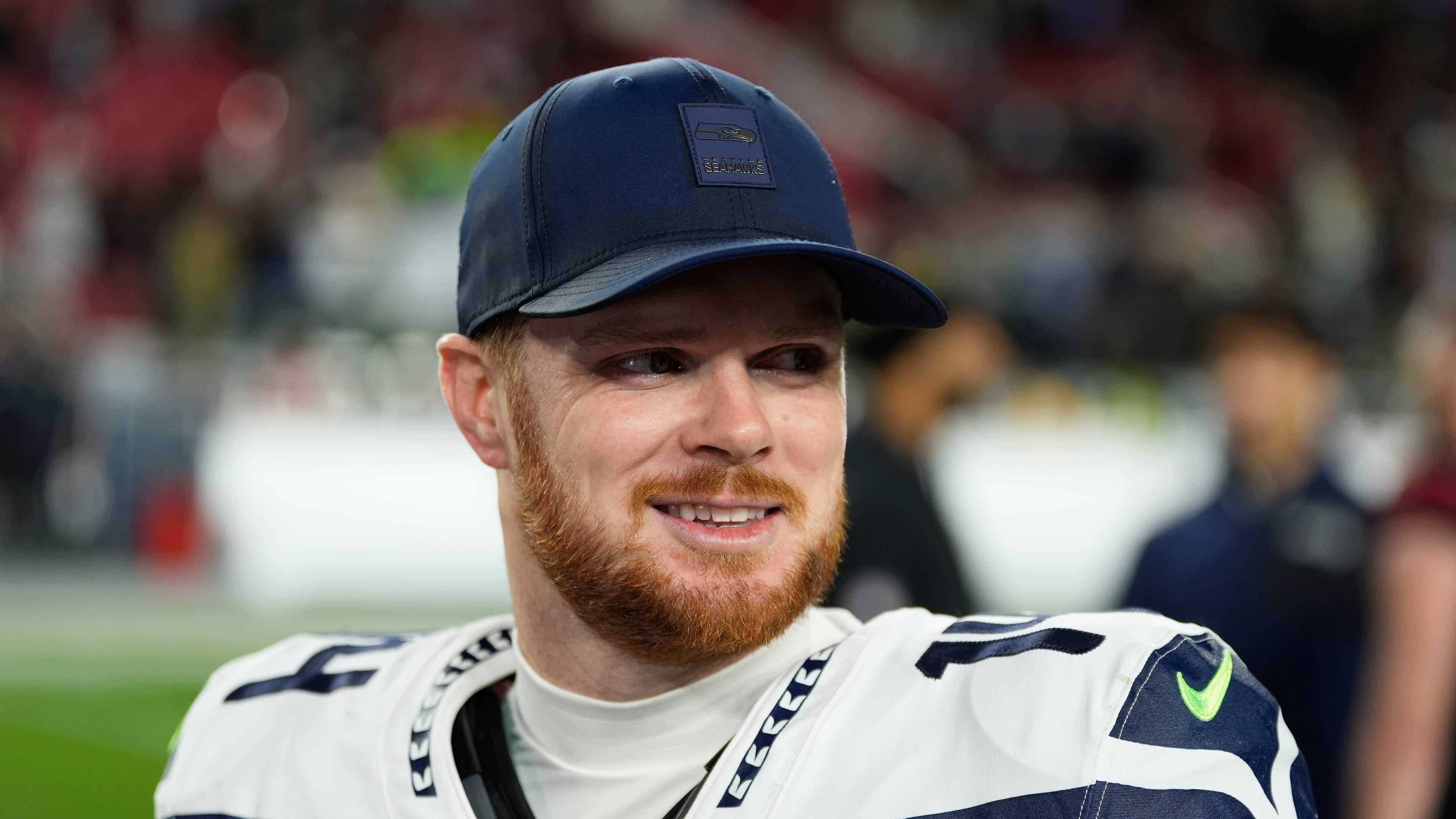 Seattle Seahawks quarterback Sam Darnold smiles after an NFL football game against the San Francisco 49ers in Santa Clara, Calif., Saturday, Jan. 3, 2026. (AP Photo/Godofredo A. Vásquez)