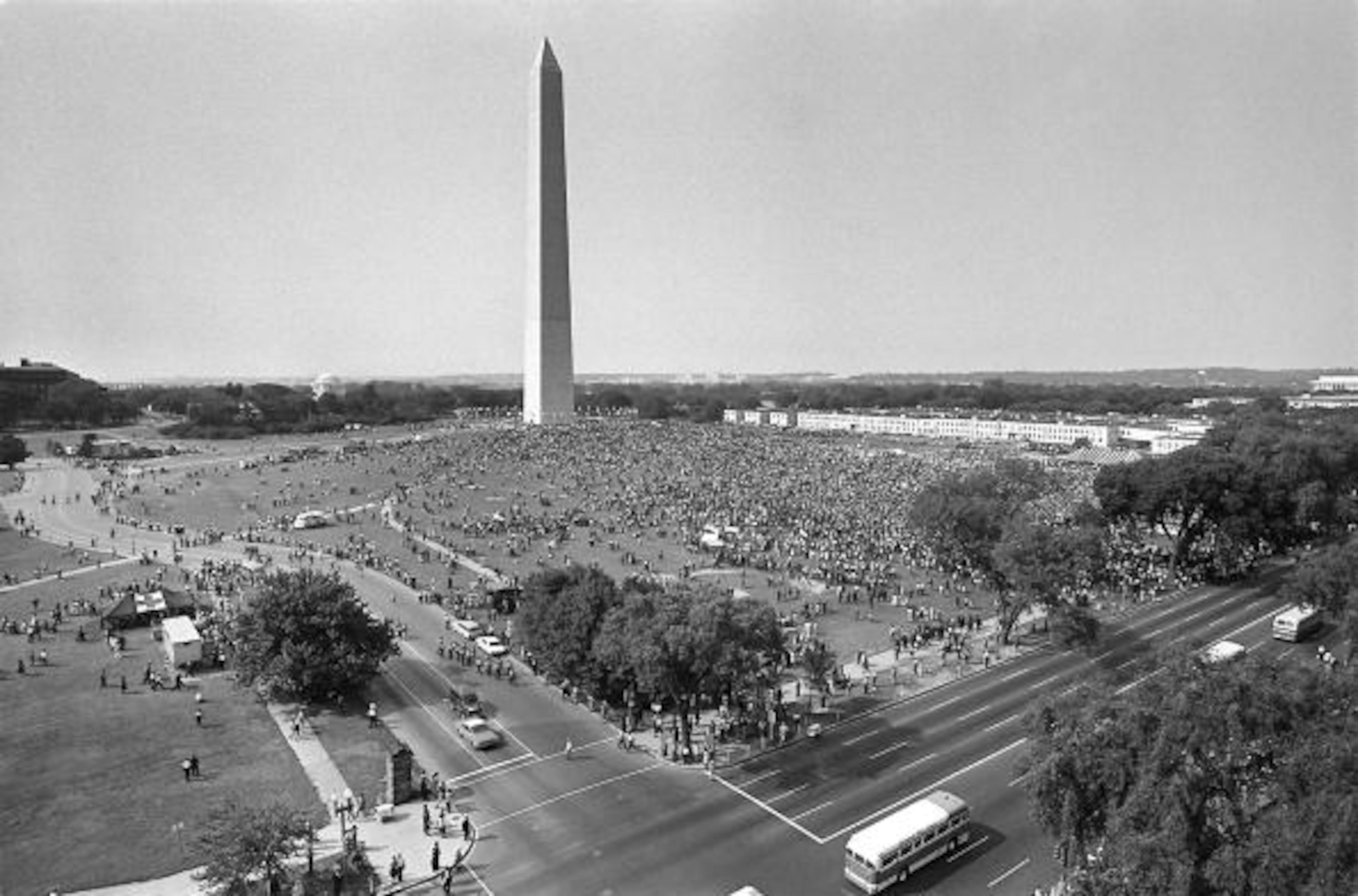 WASHINGTON, : More than 200,000 civil right supporters gather 28 August, 1963 on the Mall in Washington DC ( Washington Monument in background) during the "March on Washington", that US civil rights leader Martin Luther King,Jr. said the march was "the greatest demonstration of freedom in the history of the United States." King delivered his "I have a dream" speech during the rally, which is credited with mobilizing supporters of desegregation and prompted the 1964 Civil Rights Act. 28 August, 2003 marks the 40th anniversary of the speech. King was assassinated on 04 April 1968 in Memphis, Tennessee by James Earl Ray, who confessed to shooting King and was sentenced to 99 years in prison. AFP PHOTO/FILES (Photo credit should read AFP/AFP/Getty Images)