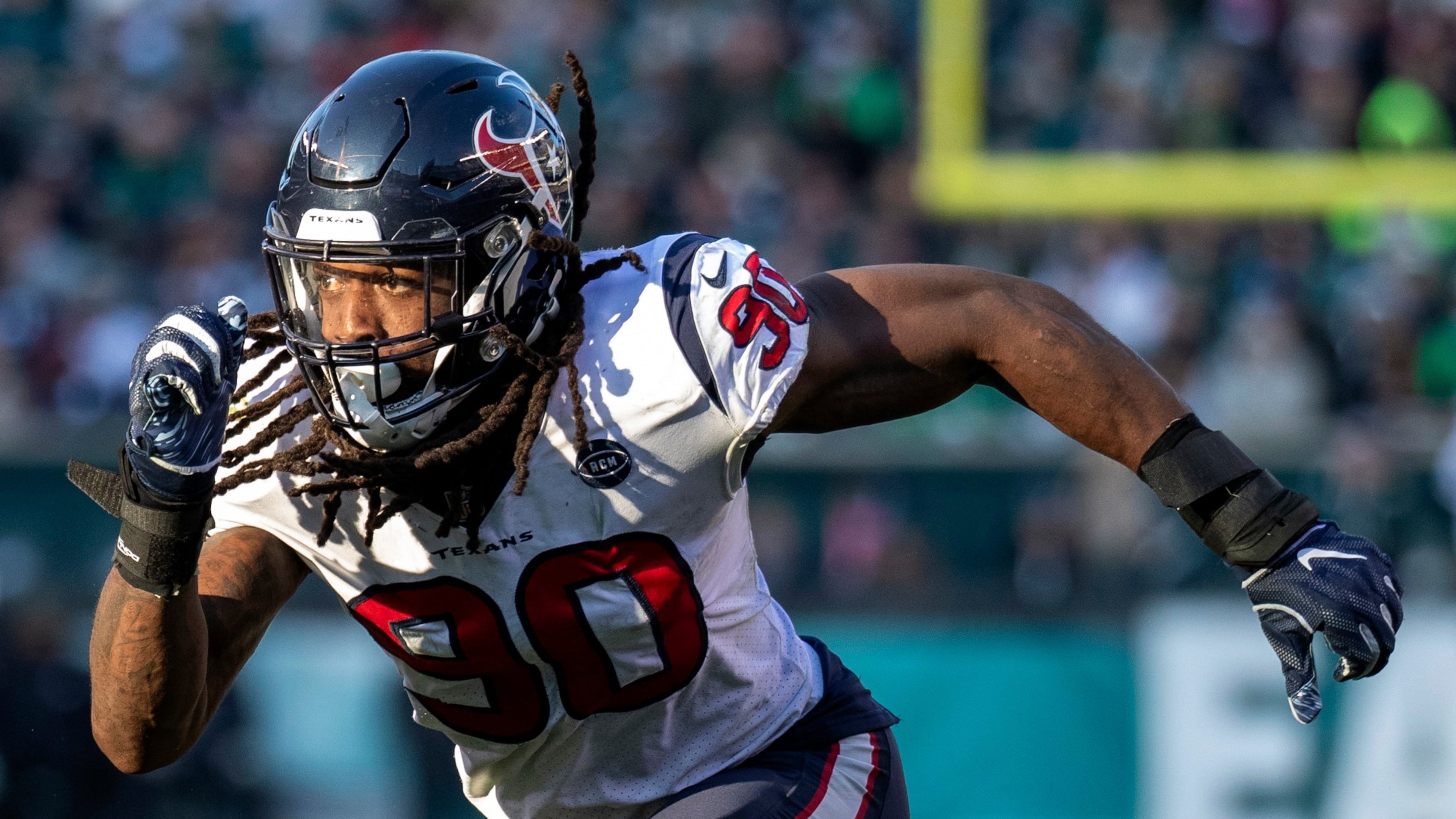 FILE - Houston Texans' Jadeveon Clowney rushes during an NFL football game against the Philadelphia Eagles Dec. 23, 2018, in Philadelphia. (AP Photo/Chris Szagola, File)