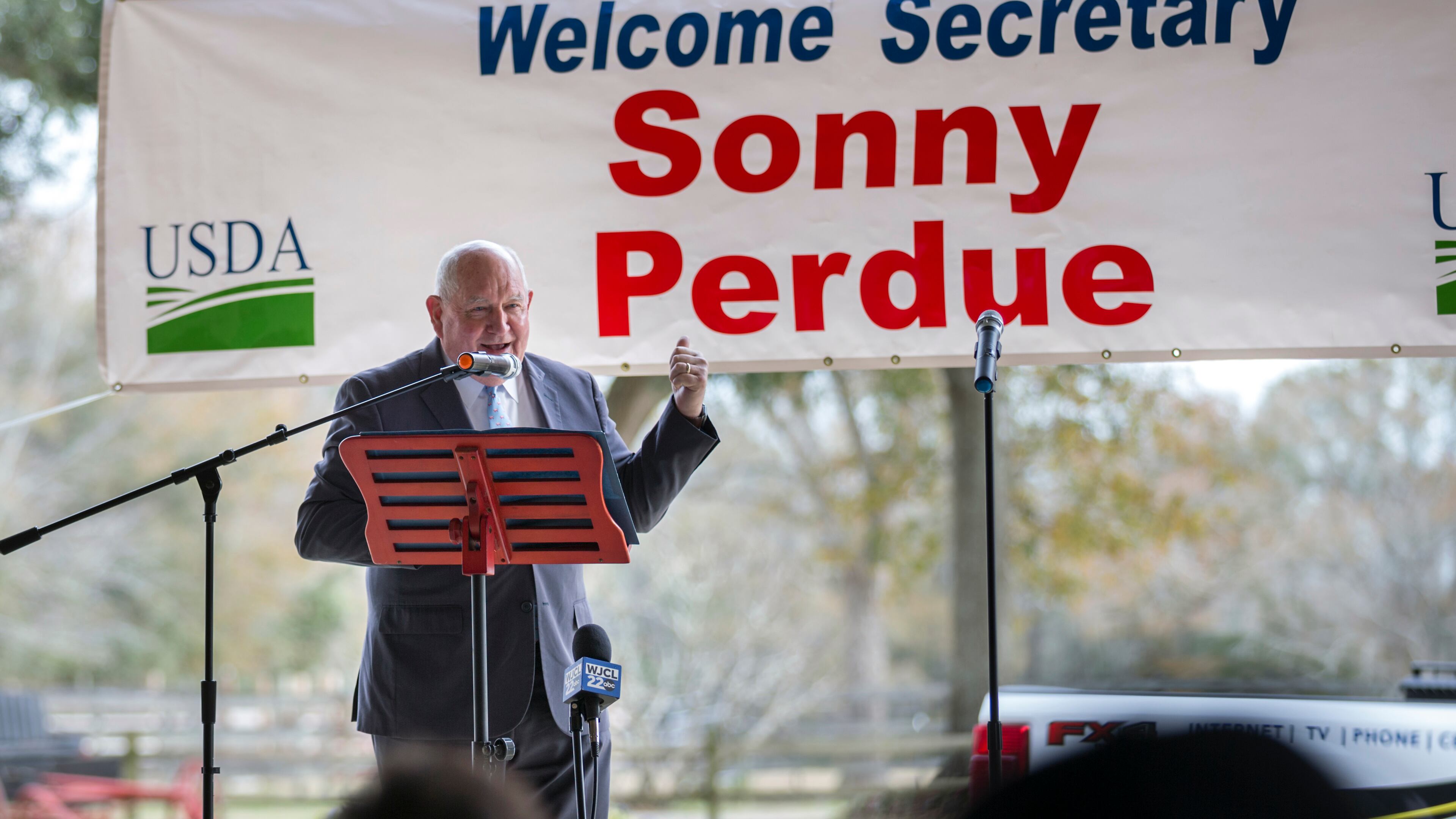 Then-U.S. Secretary of Agriculture Sonny Perdue speaks at an event Jan. 7, 2021, at the Spring Hollow Farm in Claxton, Ga., about bringing high-speed internet to two rural Georgia counties. (AJC Photo/Stephen B. Morton)