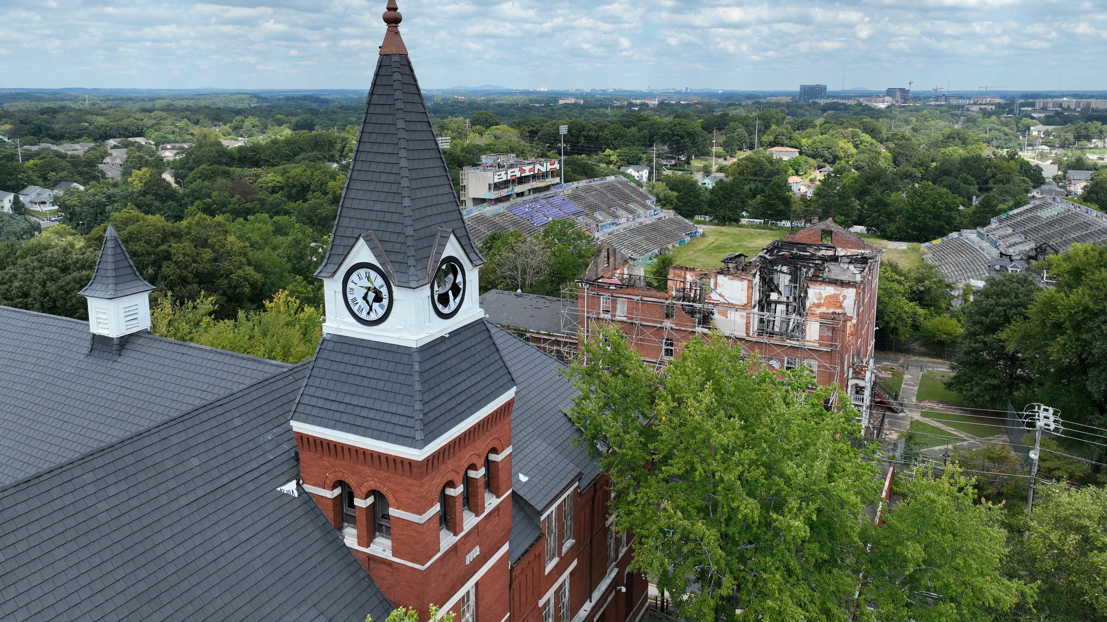 September 16, 2022 Atlanta - Aerial photograph shows an iconic clock tower that sits atop Fountain Hall has been vandalized at Morris Brown College on Friday, September 16, 2022. (Hyosub Shin / Hyosub.Shin@ajc.com)