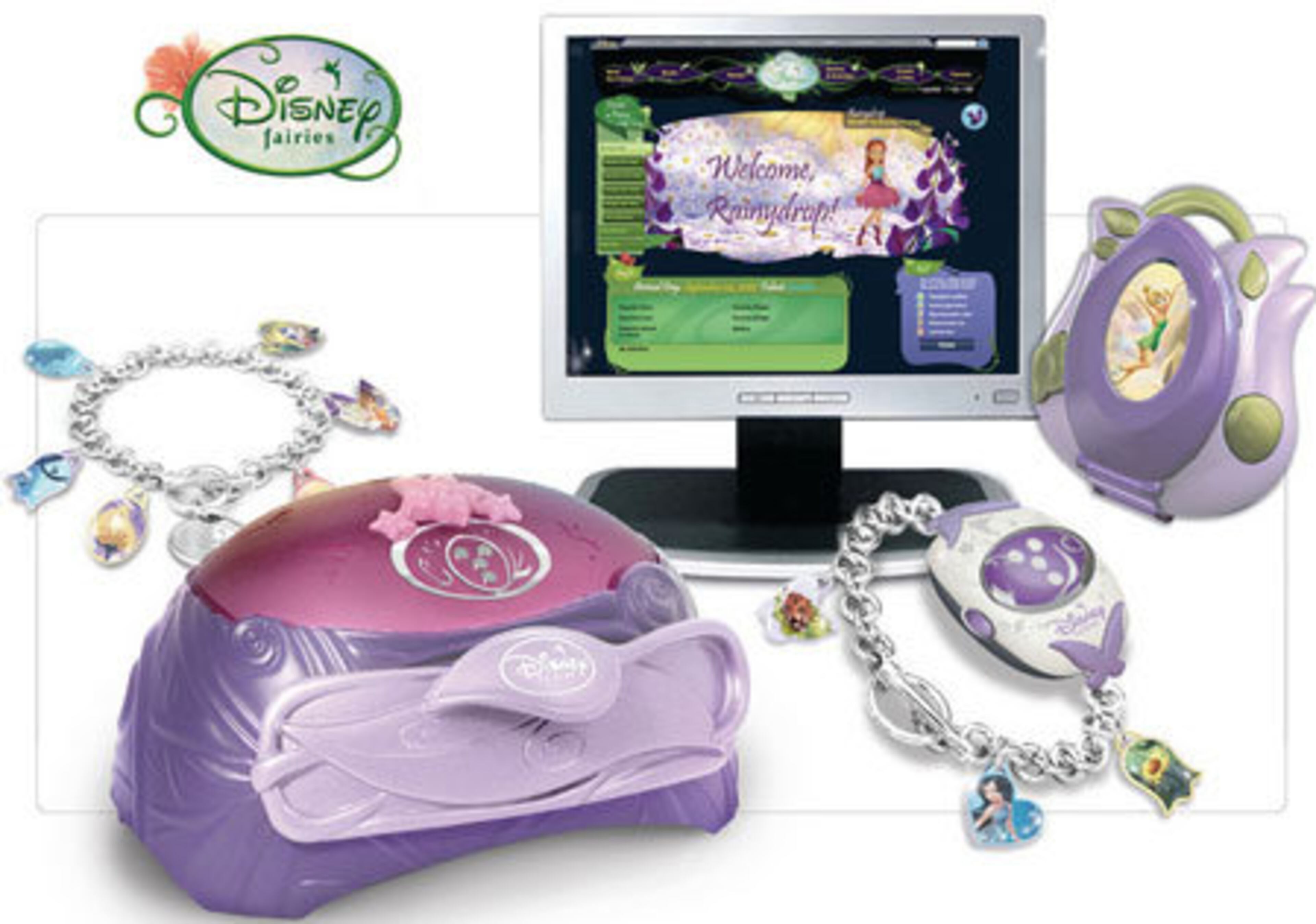 Clickables Fairy Charms Starter Set: This interactive jewelry box, which comes with a necklace and three charms, combines safe online and offline play. Girls go online (www.pixiehollow.com) to visit Disney fairies Tinker Bell and friends and create their own fairy. The jewelry box-shaped Clickables system plugs into a computer with the included USB cord. Touch the center of the jewelry box with one of the charms, and it beams with lights and music. Price: $29.99.