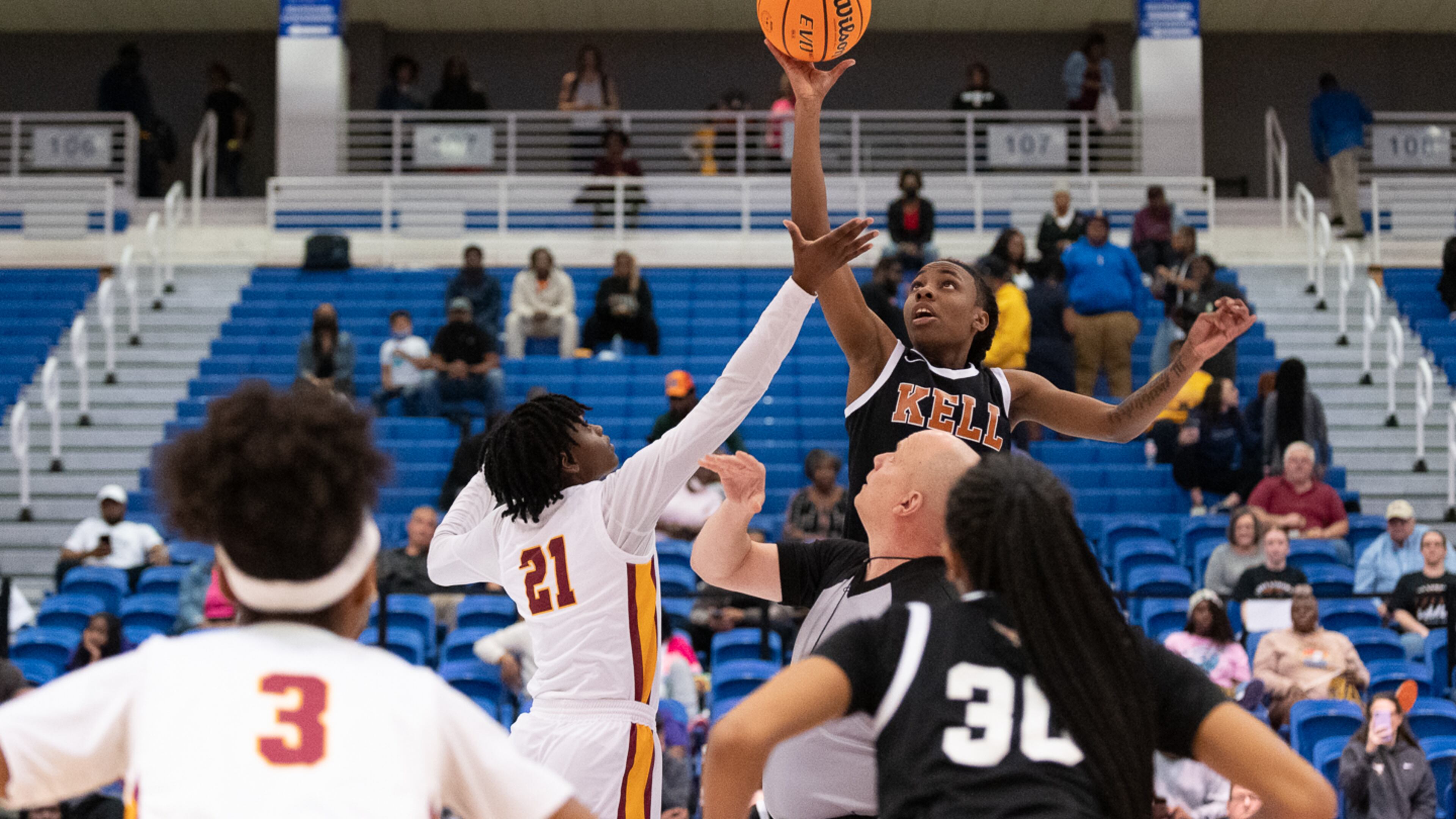 Kell wins the tipoff at the GHSA AAAAA girls Kell vs Jackson basketball semifinals playoff game at West Georgia College on March 3, 2023. Jamie Spaar for the Atlanta Journal-Constitution