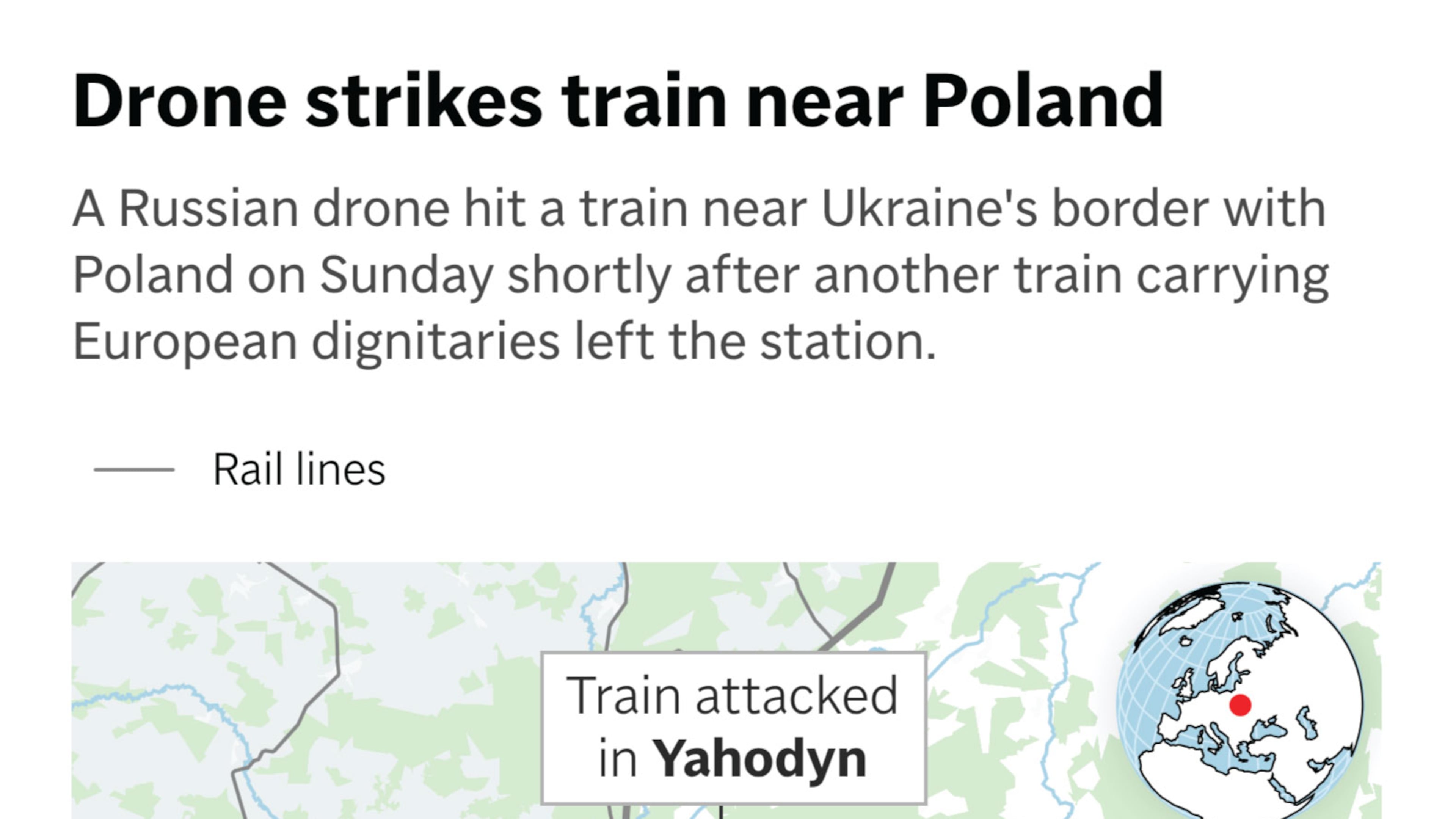 Where a Russian drone struck a train Sunday near Ukraine's border with Poland. (AP Digital Embed)