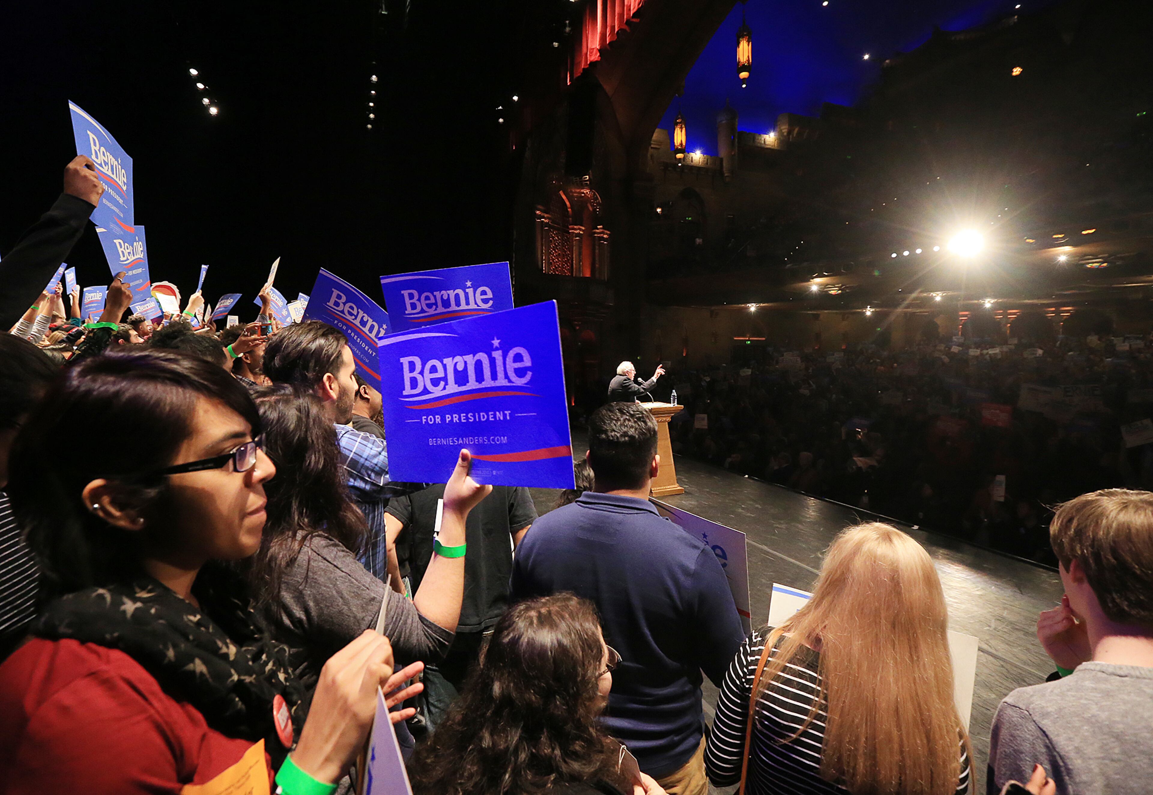 Democratic presidential candidate Bernie Sanders speaks to the packed crowd filling the Fox Theatre on Monday, Nov. 23, 2015, in Atlanta. Curtis Compton / ccompton@ajc.com