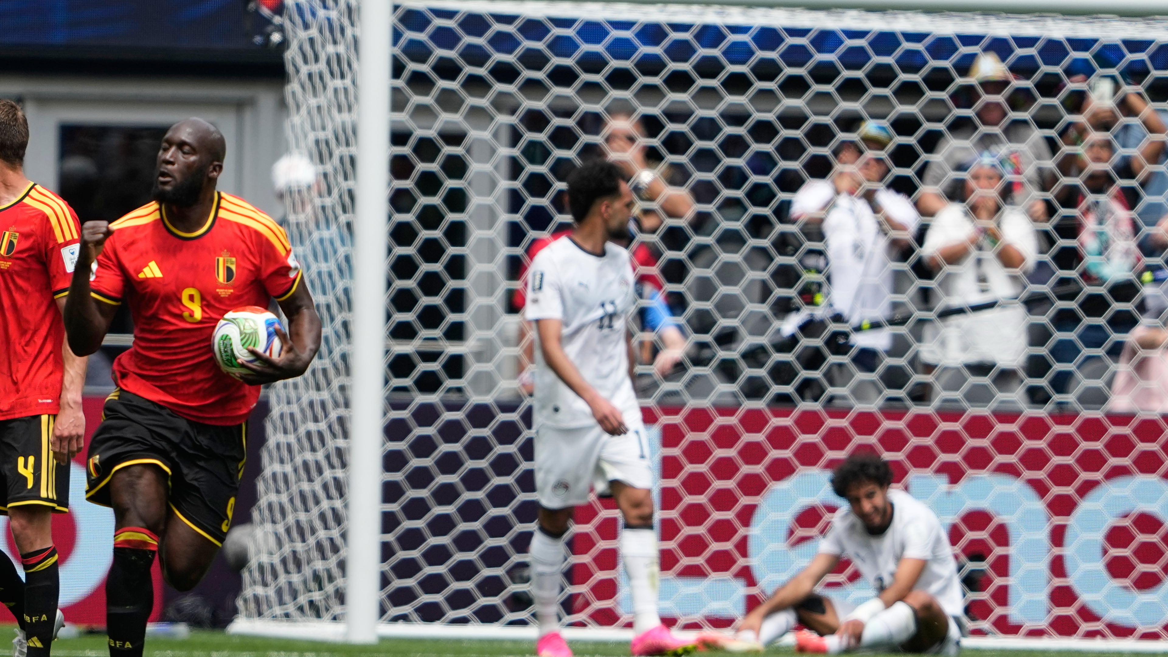 Belgium's Romelu Lukaku celebrates after forcing an own goal by Egypt's Mohamed Hany during the World Cup Group G soccer match in Seattle, Monday, June 15, 2026. (AP Photo/Lindsey Wasson)