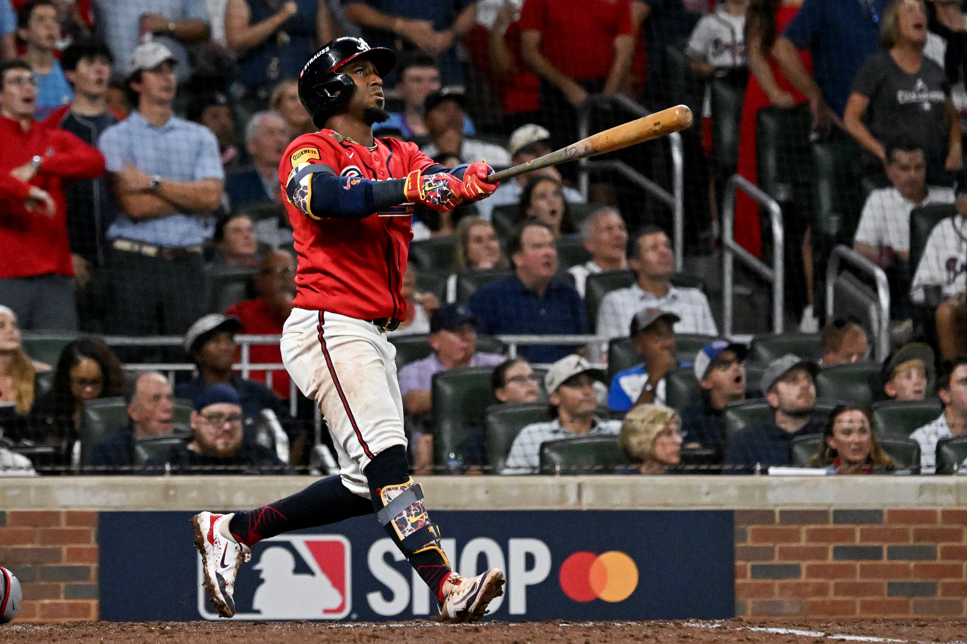 Braves second baseman Ozzie Albies hits a two-run home run against the Phillies during Game 3 of their NL Wild Card Series on Thursday, Oct. 1, 2026, in Atlanta. (Hyosub Shin/AJC)