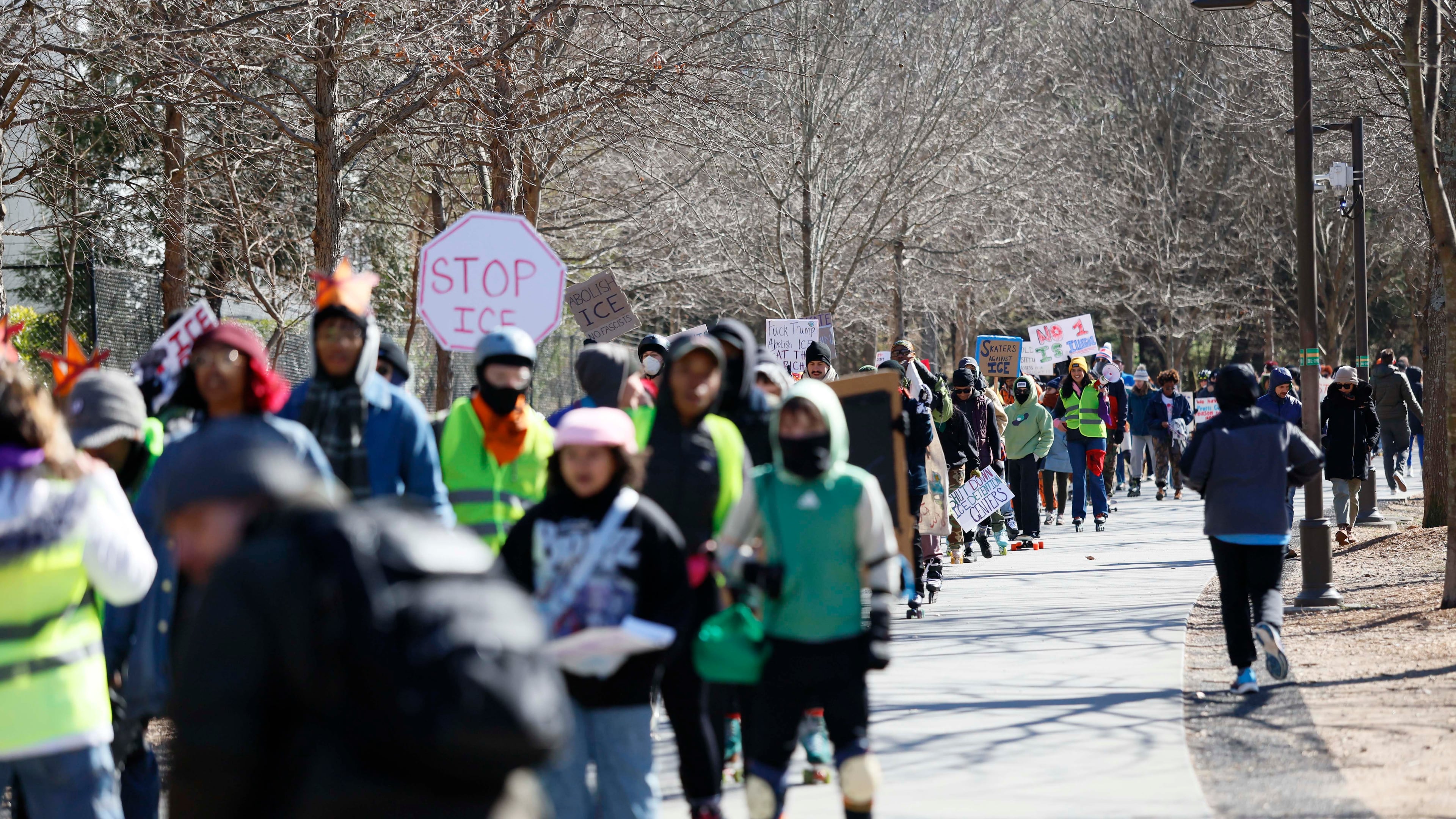 Dozens of skaters from several different groups gathered during a rally called "Skaters Against ICE and War" along the Atlanta Beltline on Sunday, Feb. 1, 2026. (Miguel Martinez/AJC)