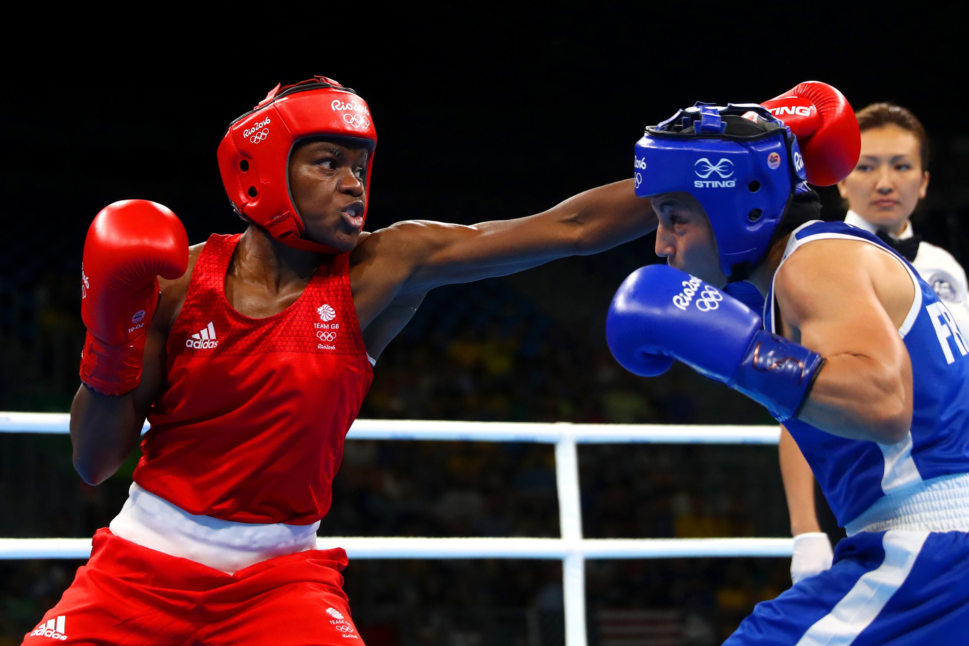 RIO DE JANEIRO, BRAZIL - AUGUST 20: Nicola Adams of Great Britain and Sarah Ourahmoune of France in action during the Women's Fly (48-51kg) Final Bout on Day 15 of the Rio 2016 Olympic Games at Riocentro - Pavilion 6 on August 20, 2016 in Rio de Janeiro, Brazil. (Photo by Dean Mouhtaropoulos/Getty Images)
