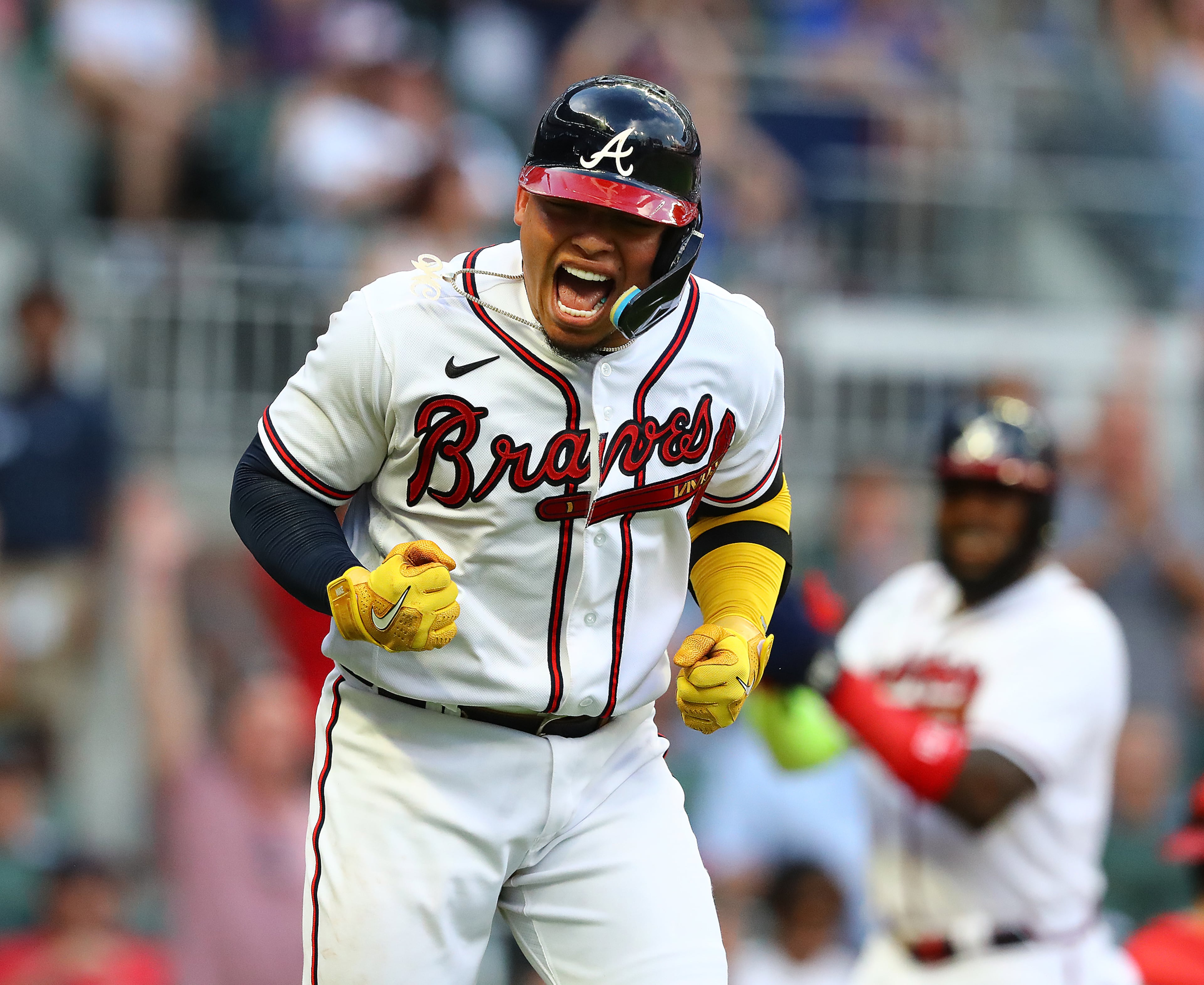 Atlanta Braves catcher William Contreras reacts to hitting a 2-RBI home run to take a 5-1 lead over the St. Louis Cardinals during the first inning in a MLB baseball game on Tuesday, July 5, 2022, in Atlanta. “Curtis Compton / Curtis.Compton@ajc.com”