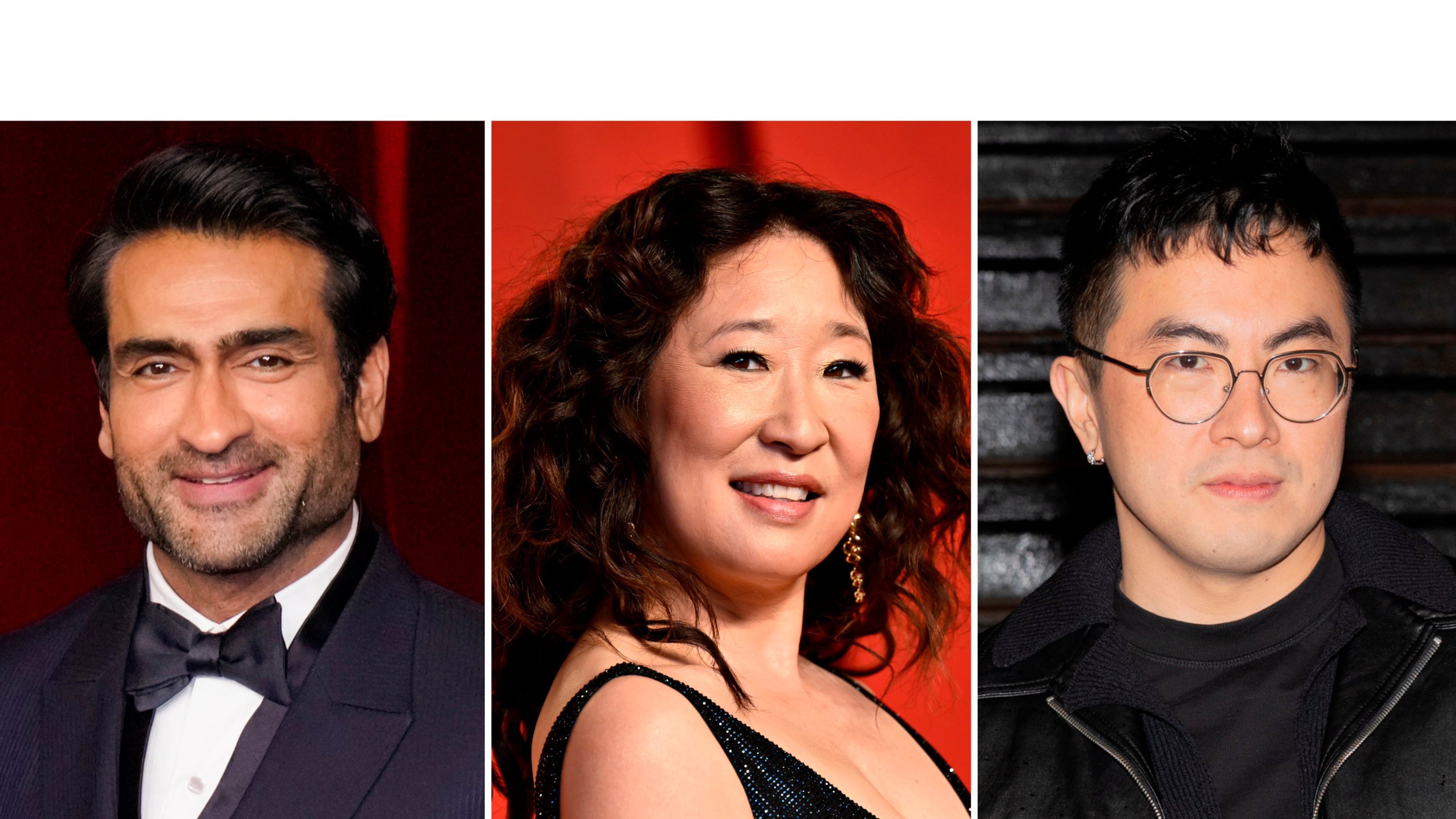 This combination of images shows actors, from left, Kumail Nanjiani, Sandra Oh, and Bowen Yang. (AP Photo)