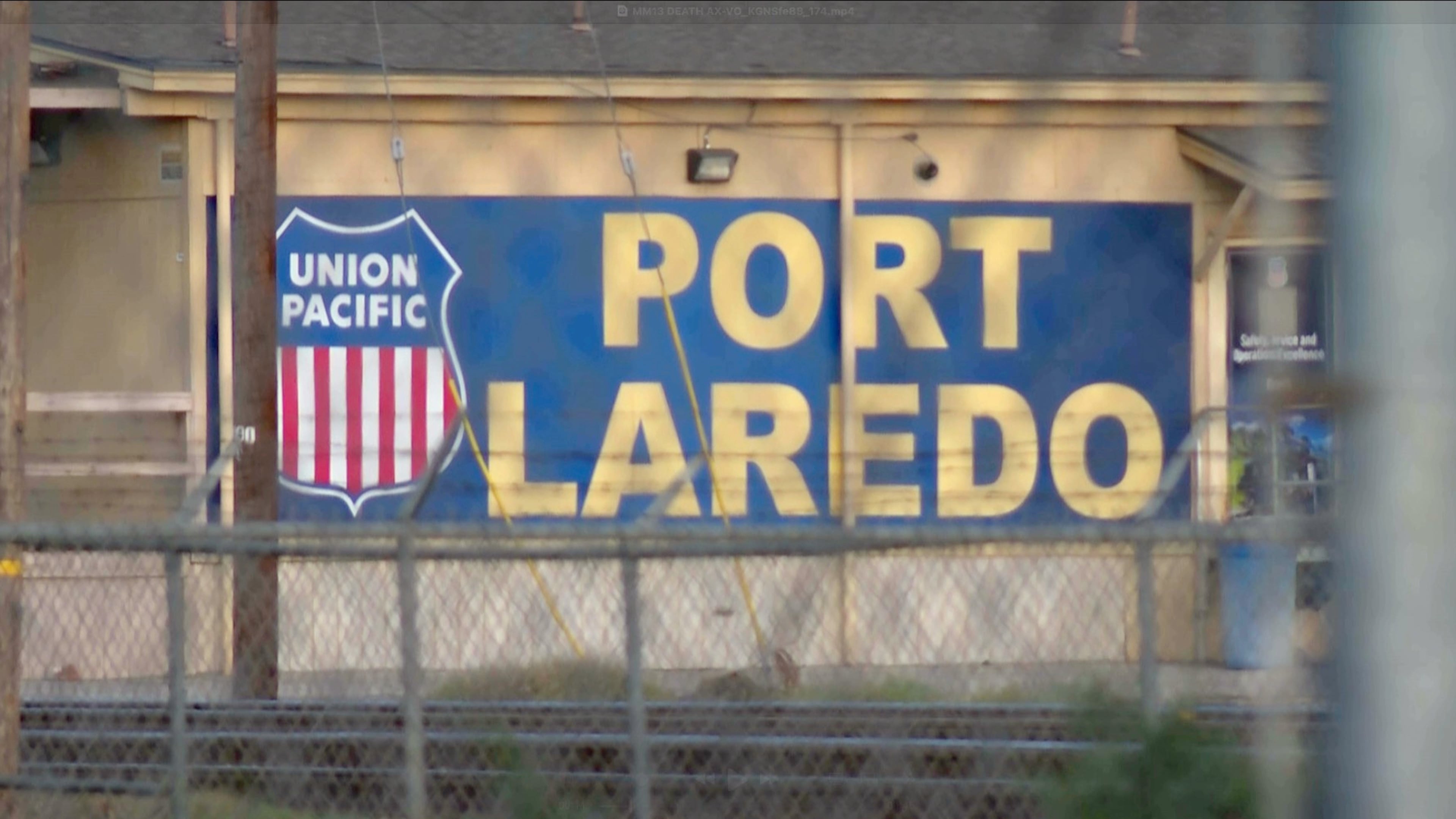 FILE - In this image taken from video footage provided by KGNS, Union Pacific signage is displayed at a rail yard in Laredo, Texas, May 10, 2026. (KGNS via AP, File)